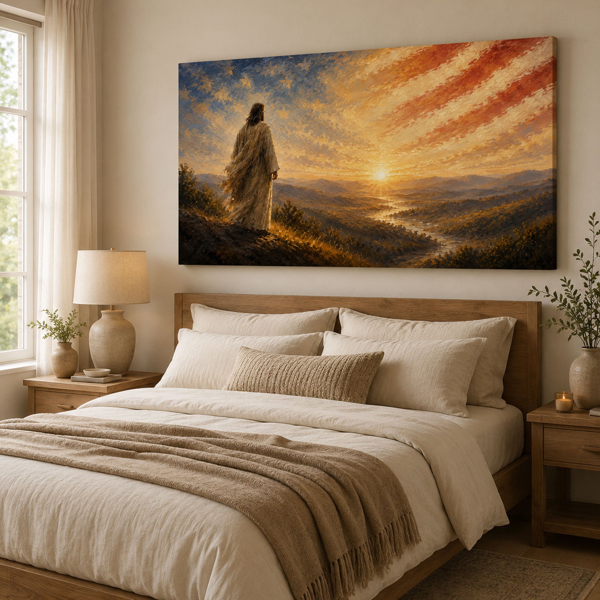Jesus Over America Canvas Print, Patriotic Christian Wall Art, Faith and Freedom Home Decor