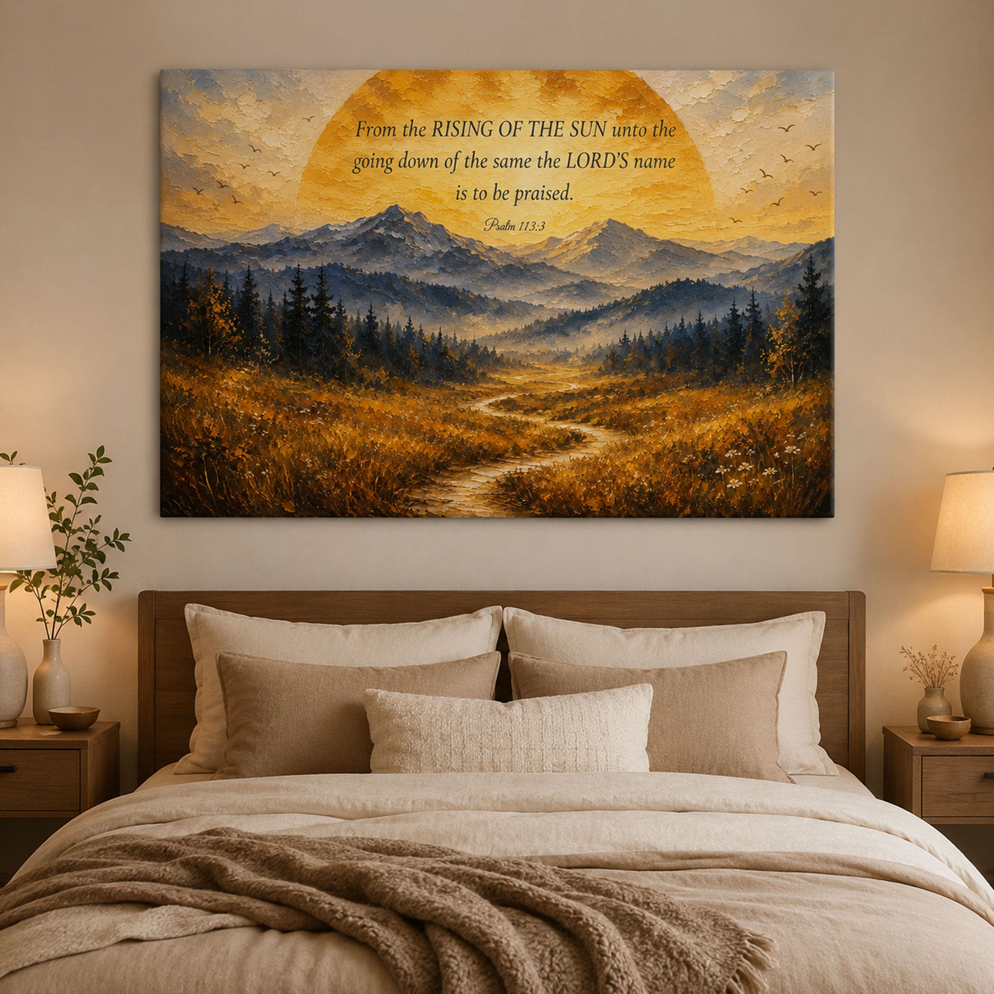 From the Rising of the Sun Psalm 113:3 Canvas Print, Christian Scripture Wall Art, Mountain Sunrise Faith Home Decor