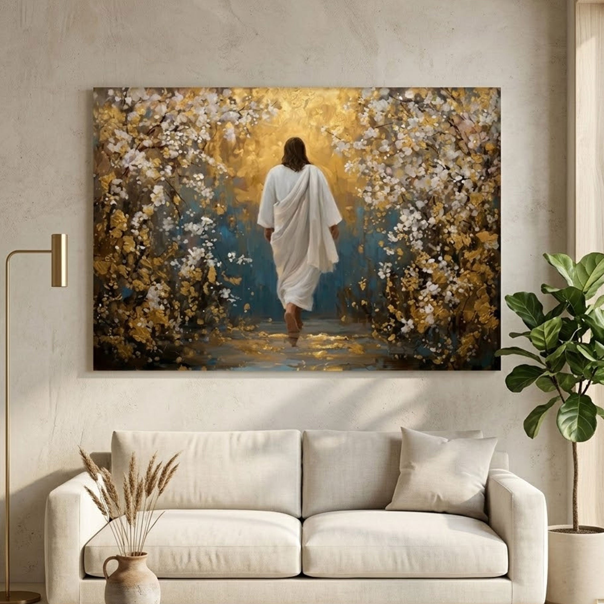 Walking Into His Peace Canvas Print, Jesus in the Garden Christian Wall Art, Warm Golden Faith Decor