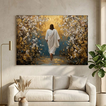 Walking Into His Peace Canvas Print, Jesus in the Garden Christian Wall Art, Warm Golden Faith Decor