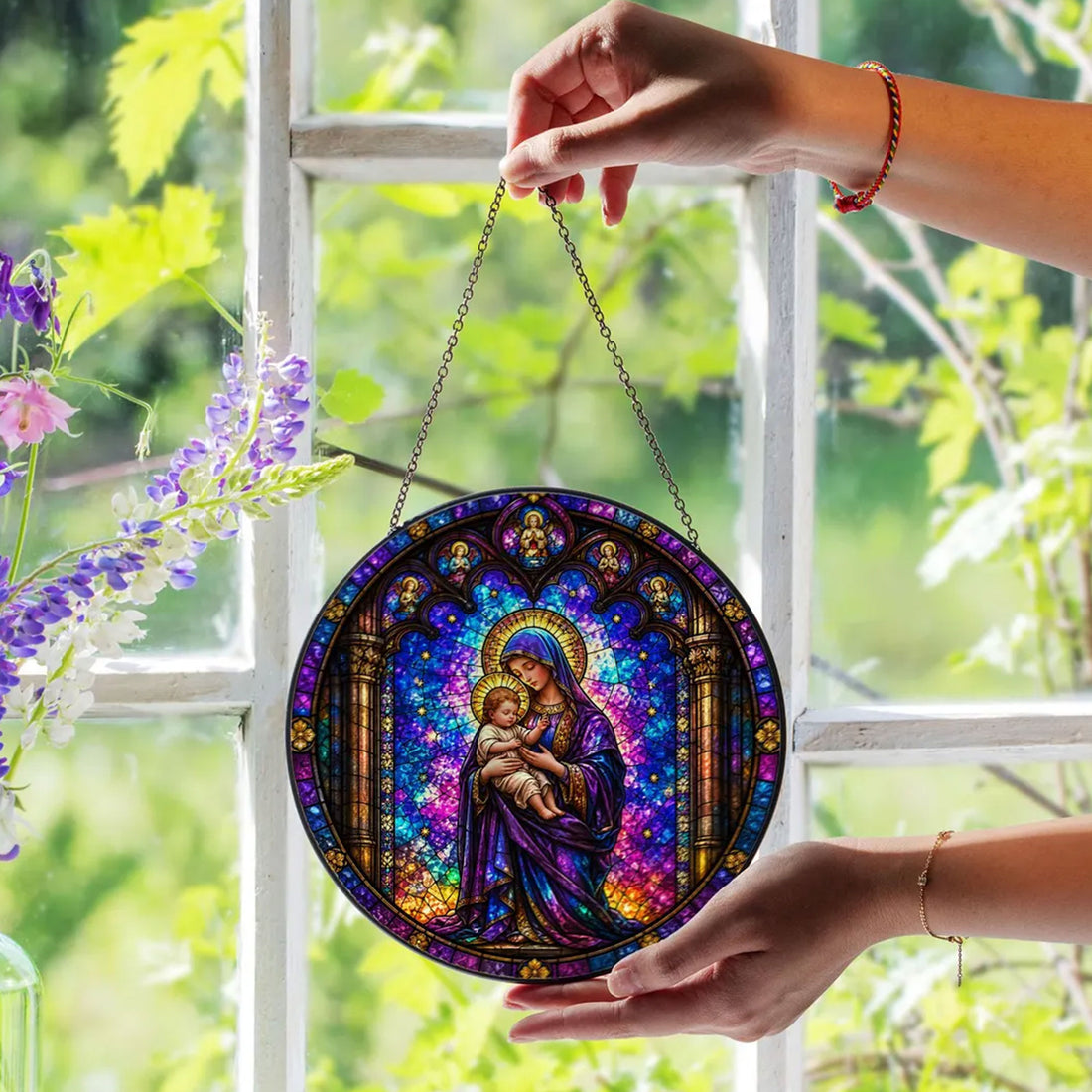 Virgin Mary and Baby Jesus Stained Glass Suncatcher, Catholic Window Hanging, Christian Decor Gift