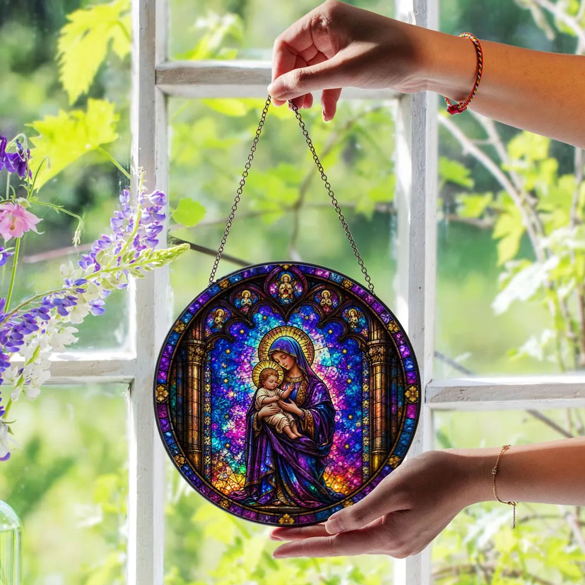 Virgin Mary and Baby Jesus Stained Glass Suncatcher, Catholic Window Hanging, Christian Decor Gift