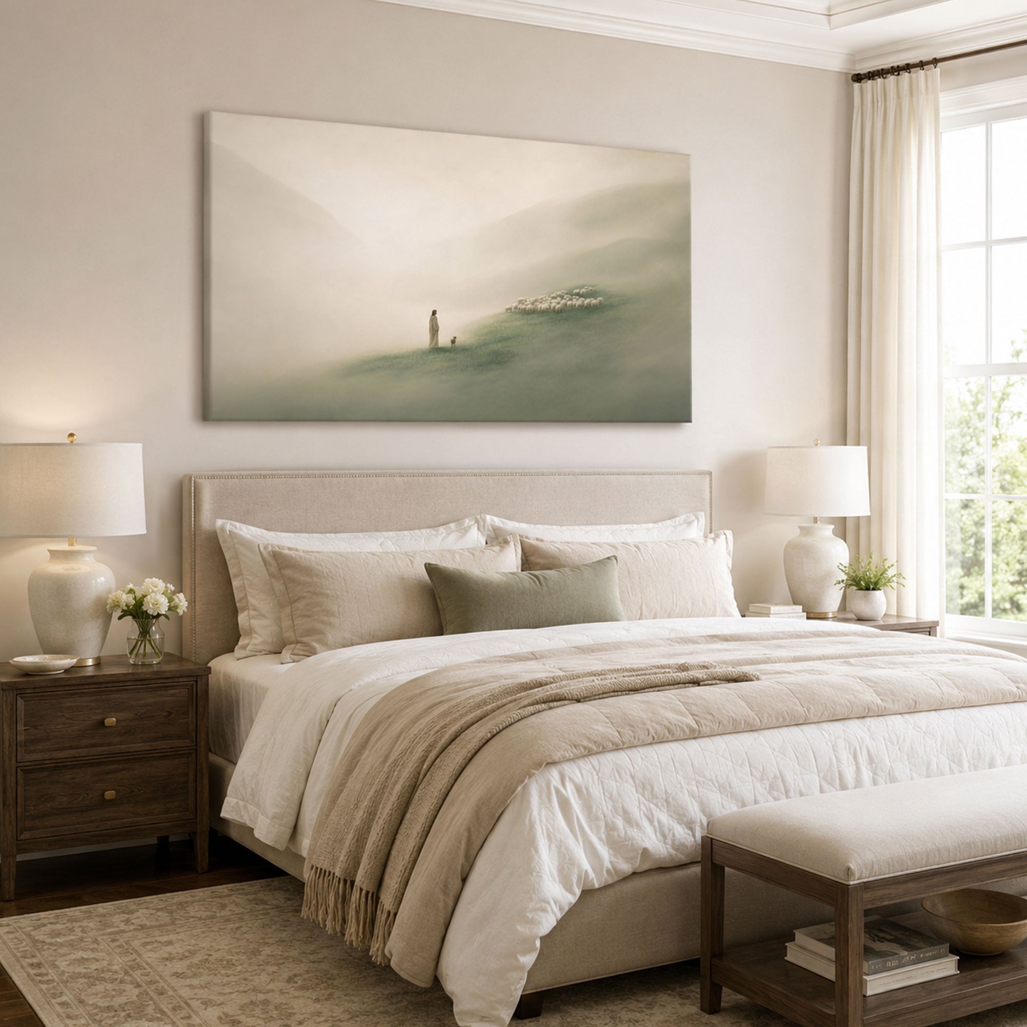 Jesus Reuniting the Lamb with the Flock Canvas Print, Misty Hills Christian Decor