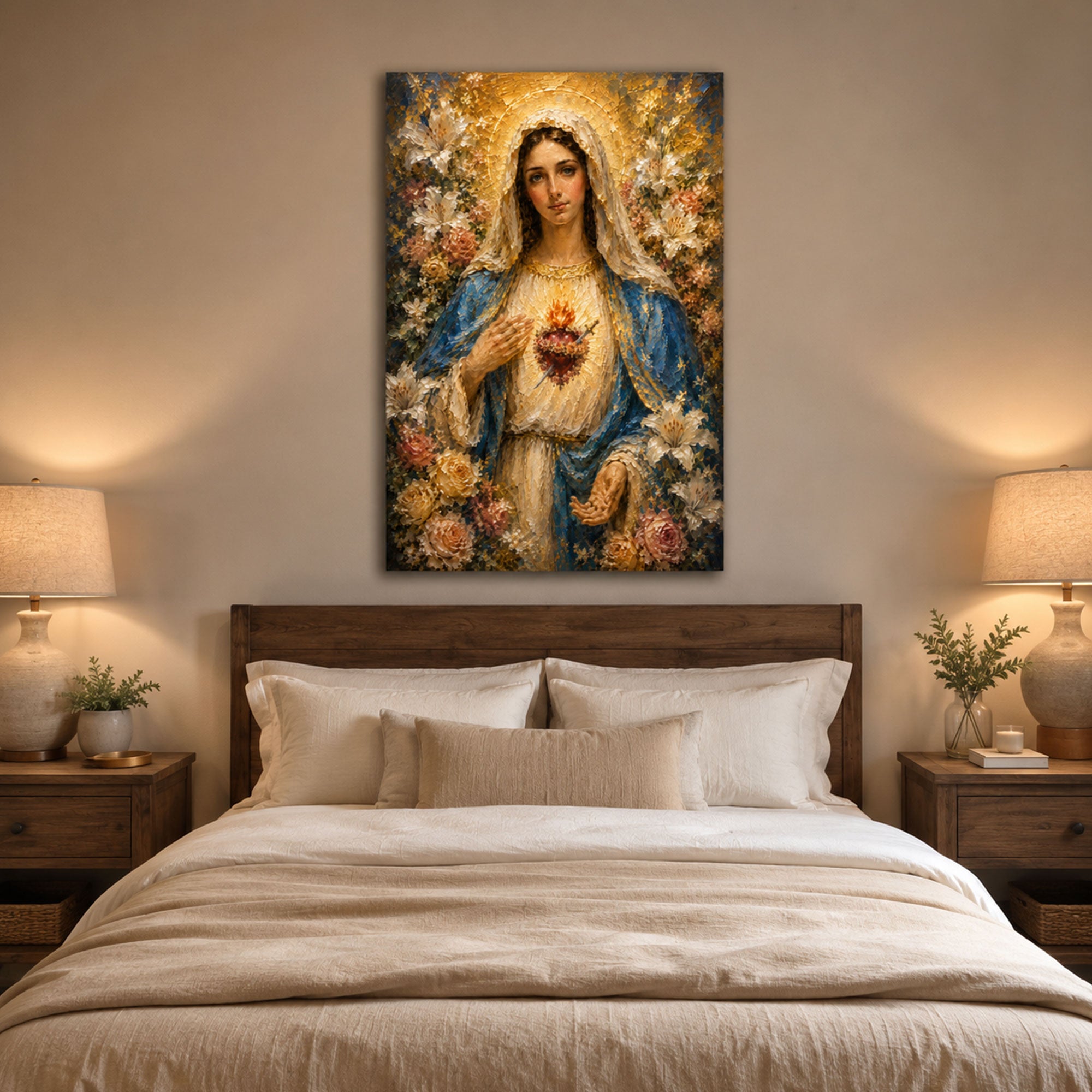 Immaculate Heart of Mary Canvas Print Catholic Floral Wall Art Virgin Mary Religious Home Decor