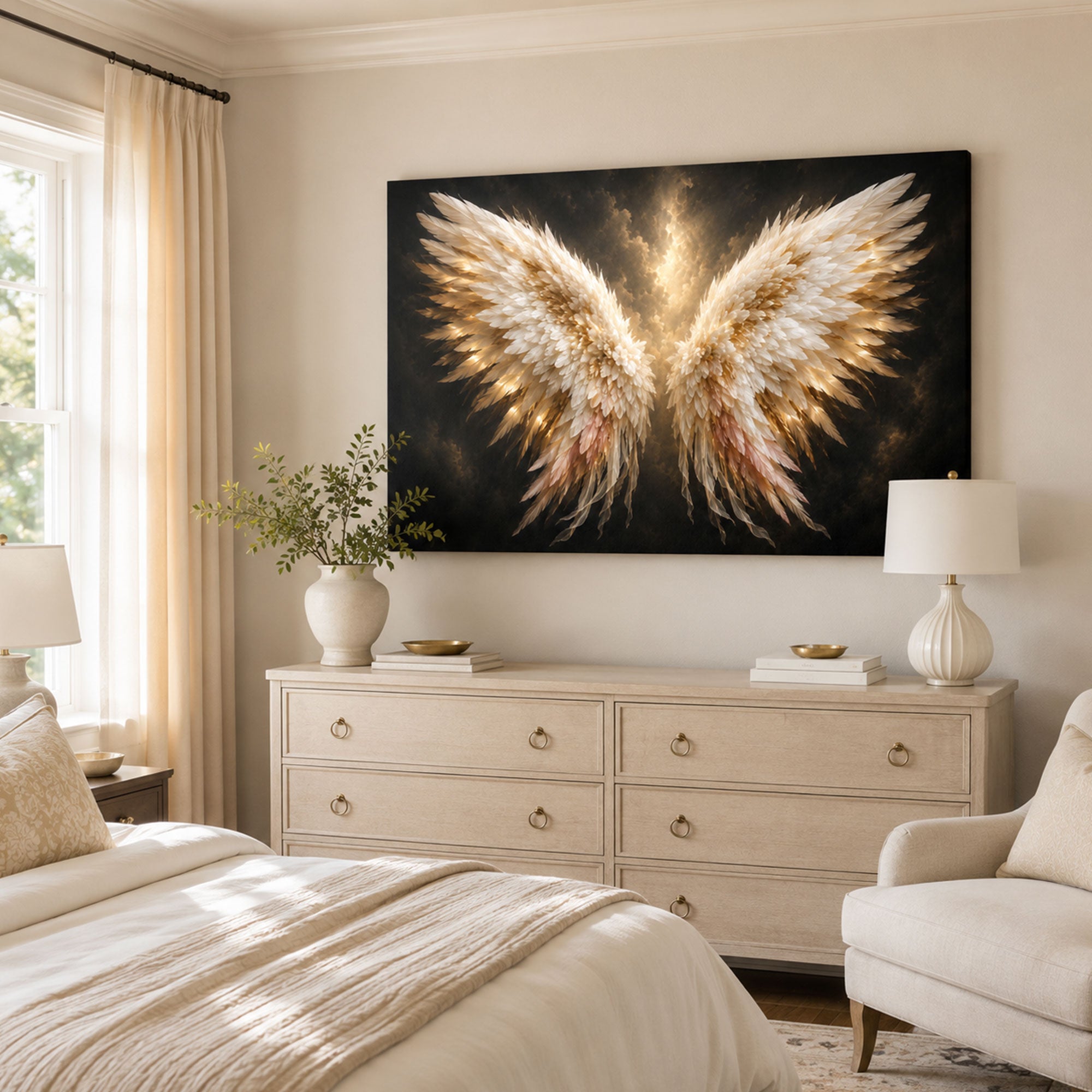 Luminous Angel Wings Canvas Print, White and Gold Christian Wall Art, Heavenly Faith Home Decor Gift