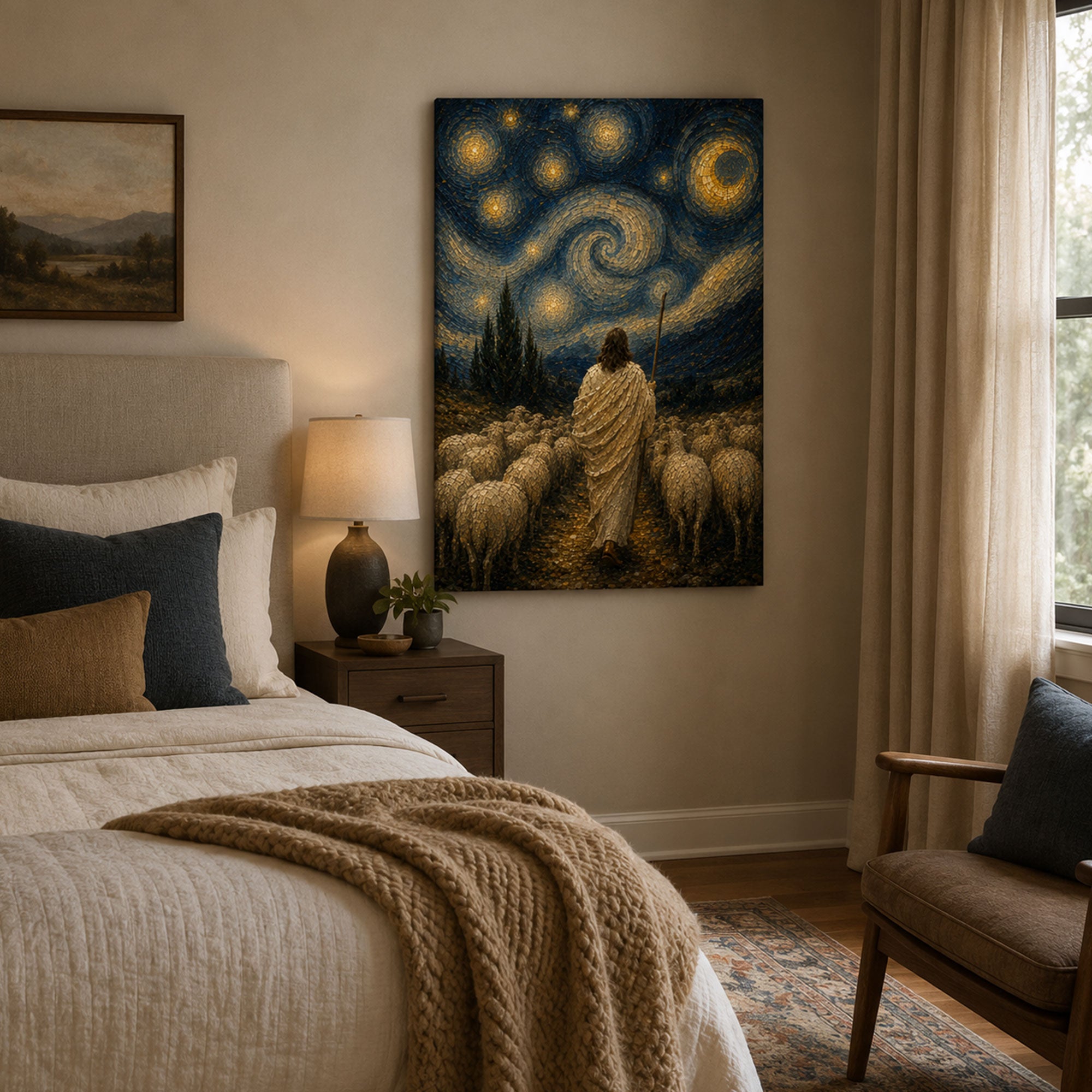 Good Shepherd Starry Night Canvas Print, Jesus with Sheep Christian Wall Art, Faith Home Decor Gift
