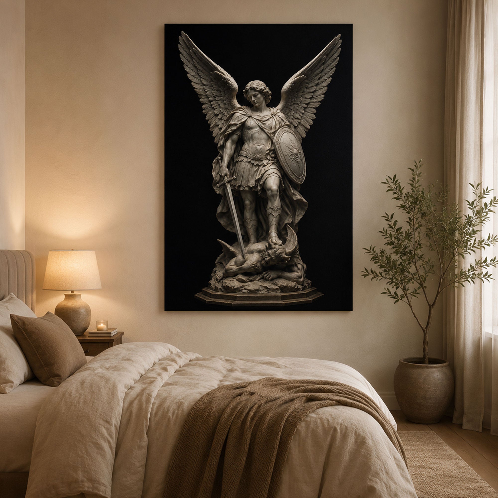 Saint Michael Archangel Statue Canvas Print, Catholic Angel Wall Art, Faith Home Decor Gift