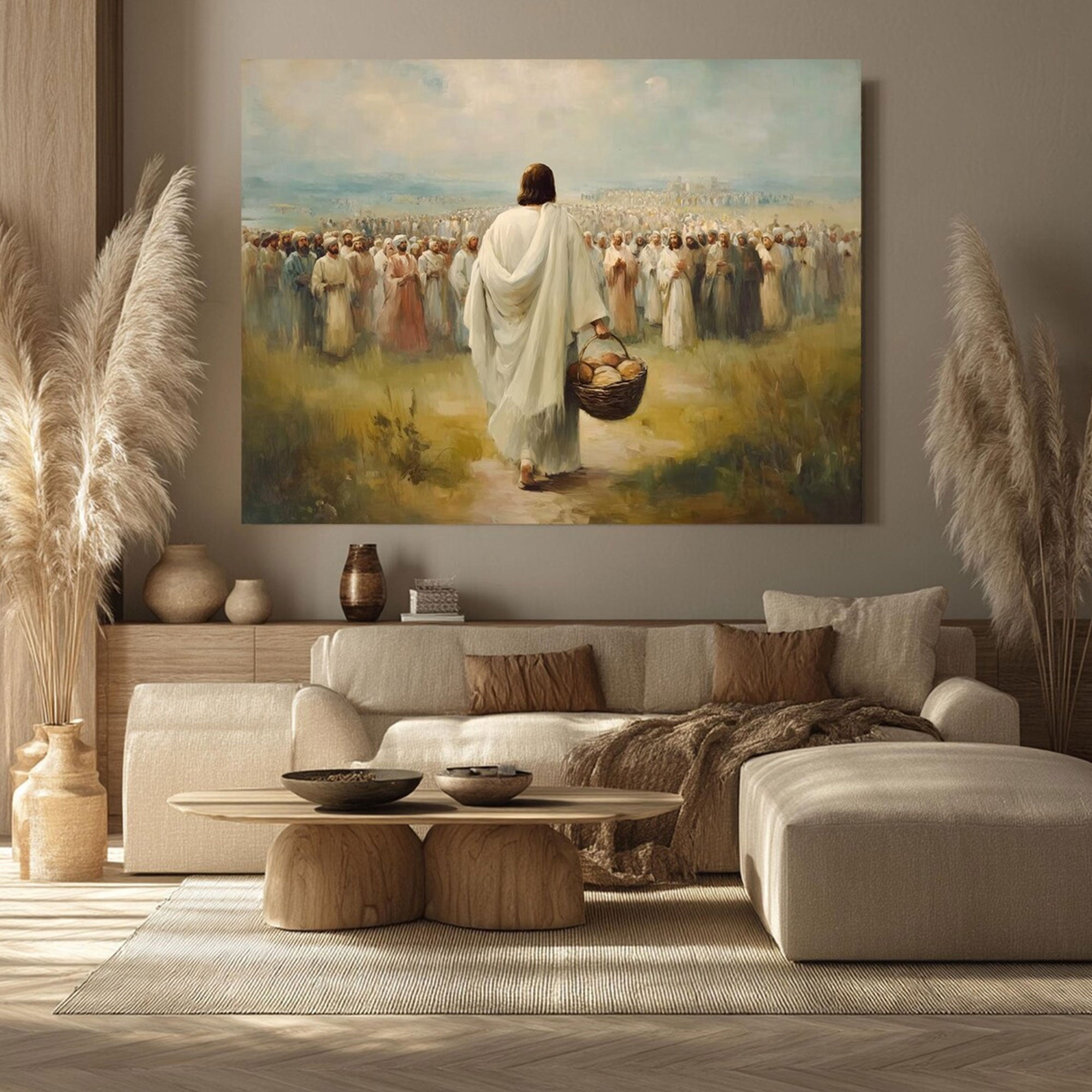 Jesus Feeding the Multitude Canvas Wall Art, Loaves and Fish Miracle Painting, Christian Faith Home Decor