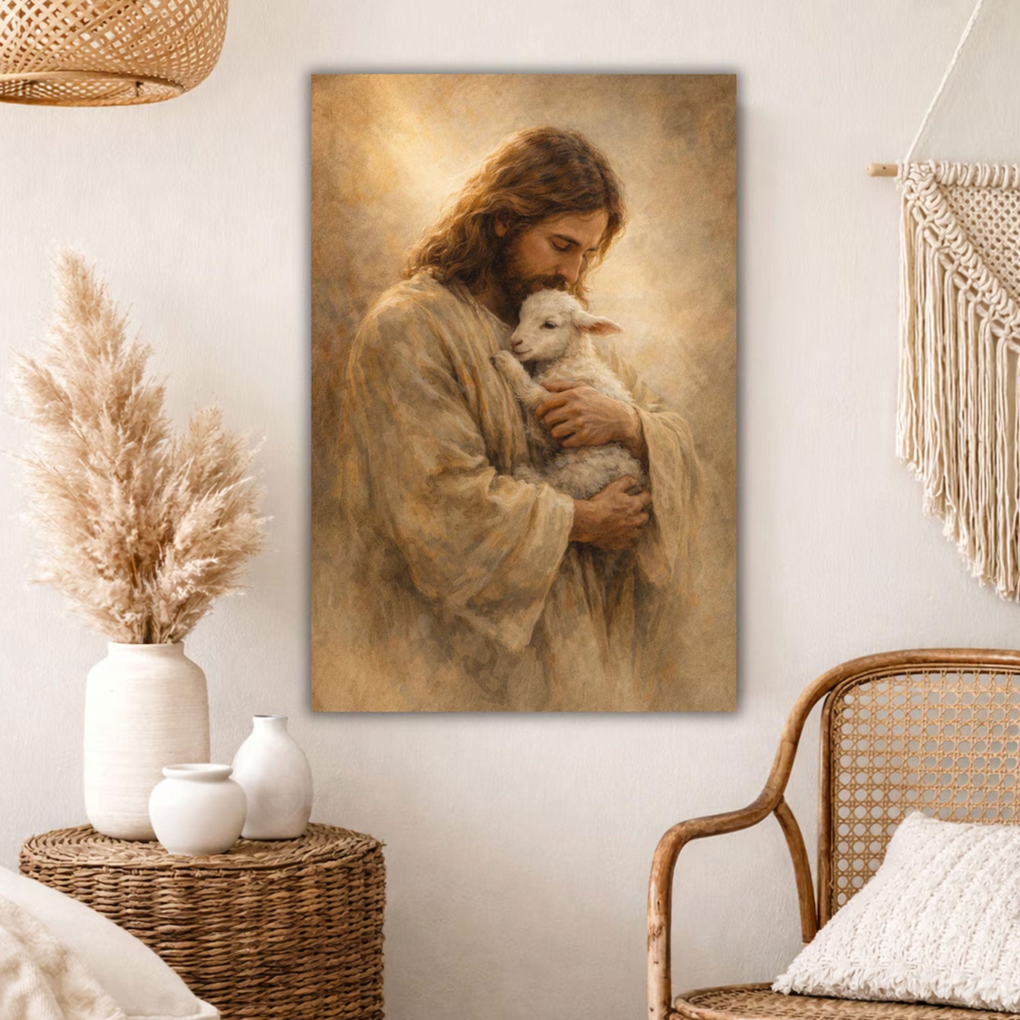 Jesus Holding Lamb Canvas Print, Good Shepherd Wall Art, Christian Decor, Spiritual Home Artwork