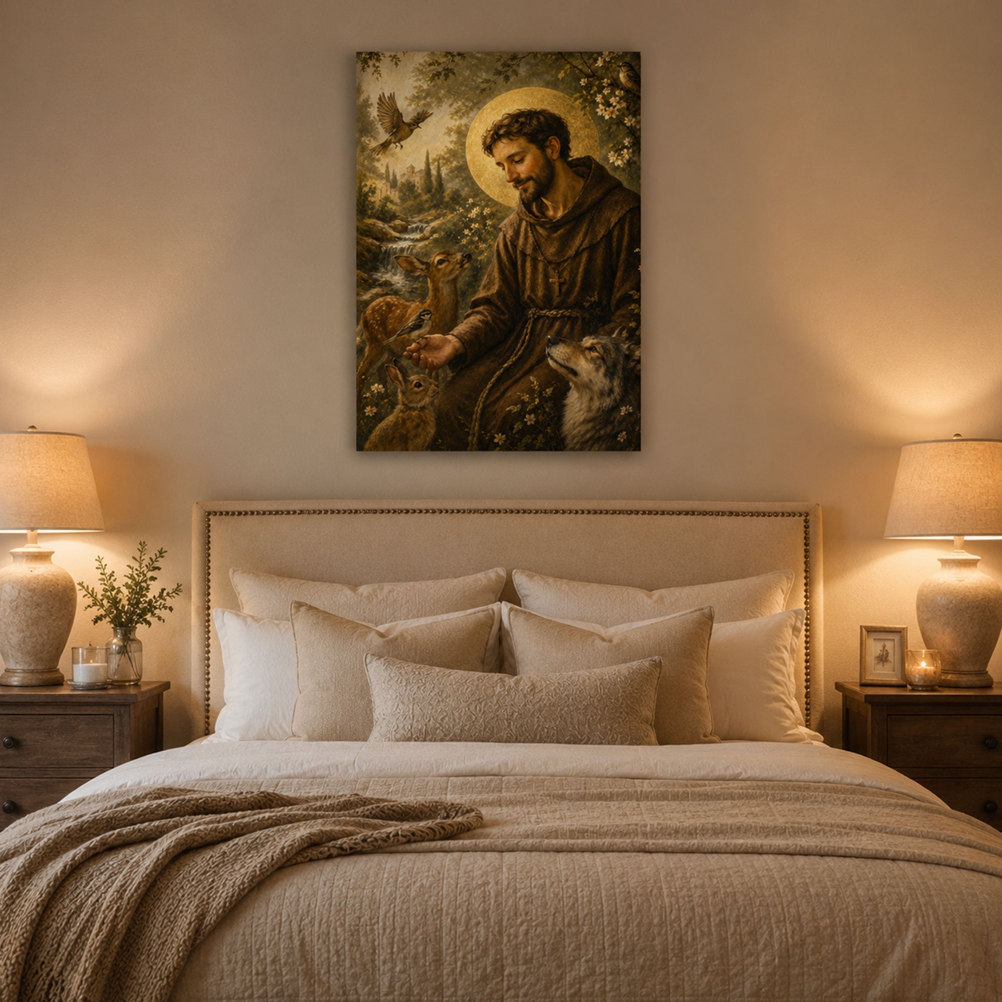 Saint Francis of Assisi Canvas Print, Catholic Saint Wall Art with Animals, Christian Home Decor Gift