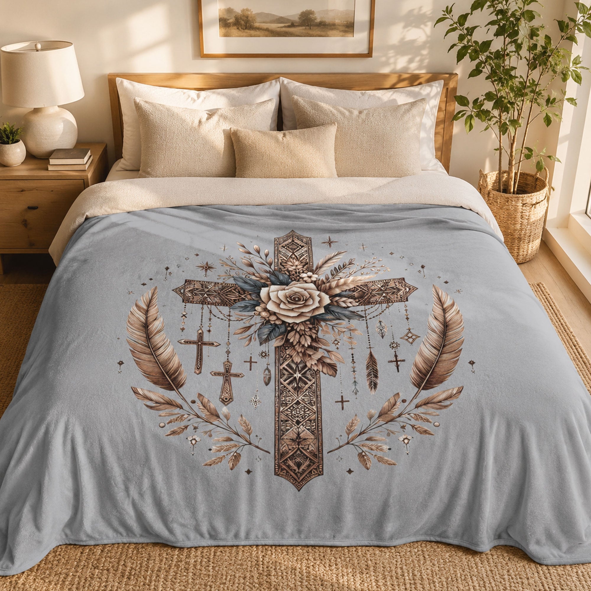 Boho Floral Cross Fleece Blanket, Christian Faith Throw, Religious Gift for Women