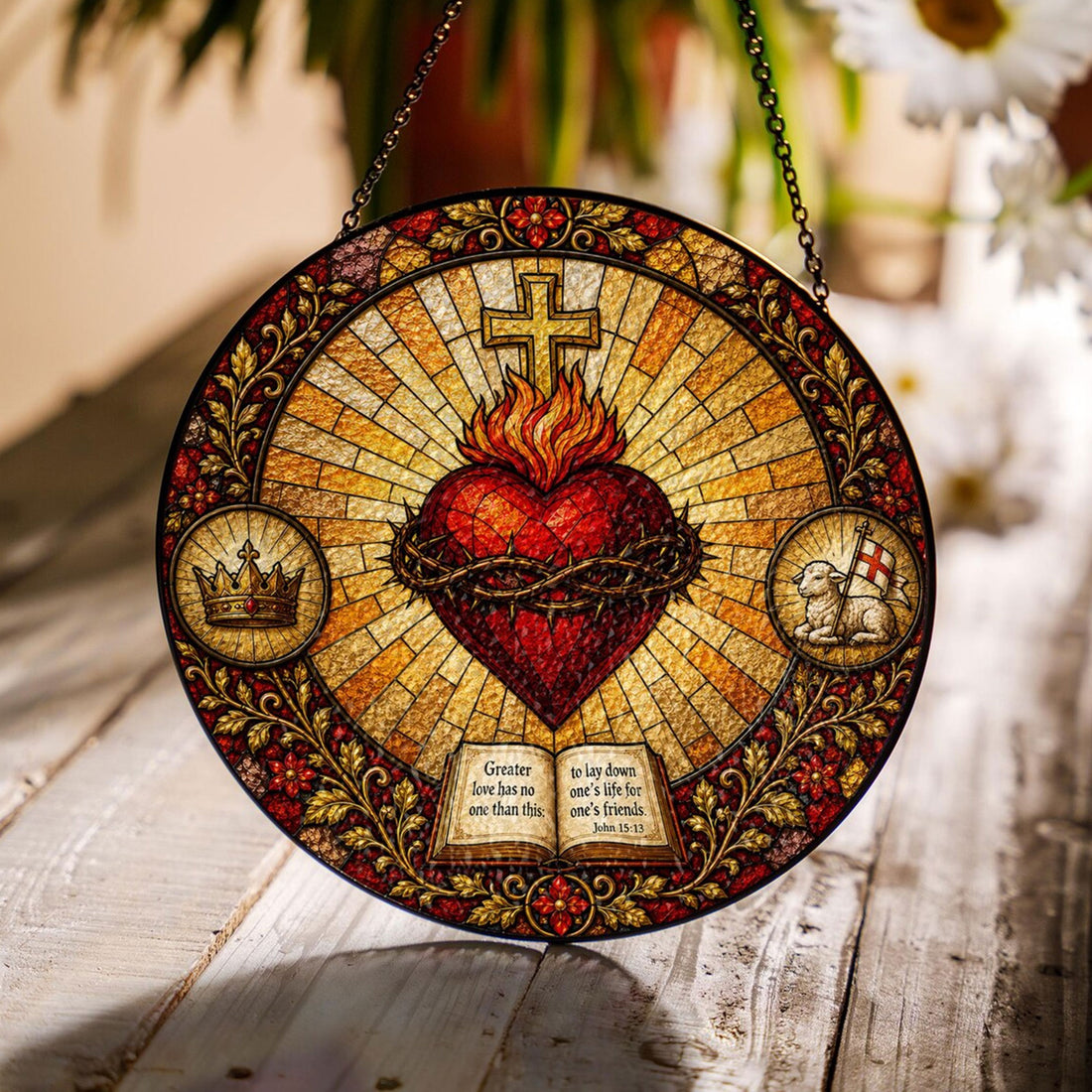 Sacred Heart Bible Verse Suncatcher, Crown of Thorns Catholic Home Decor