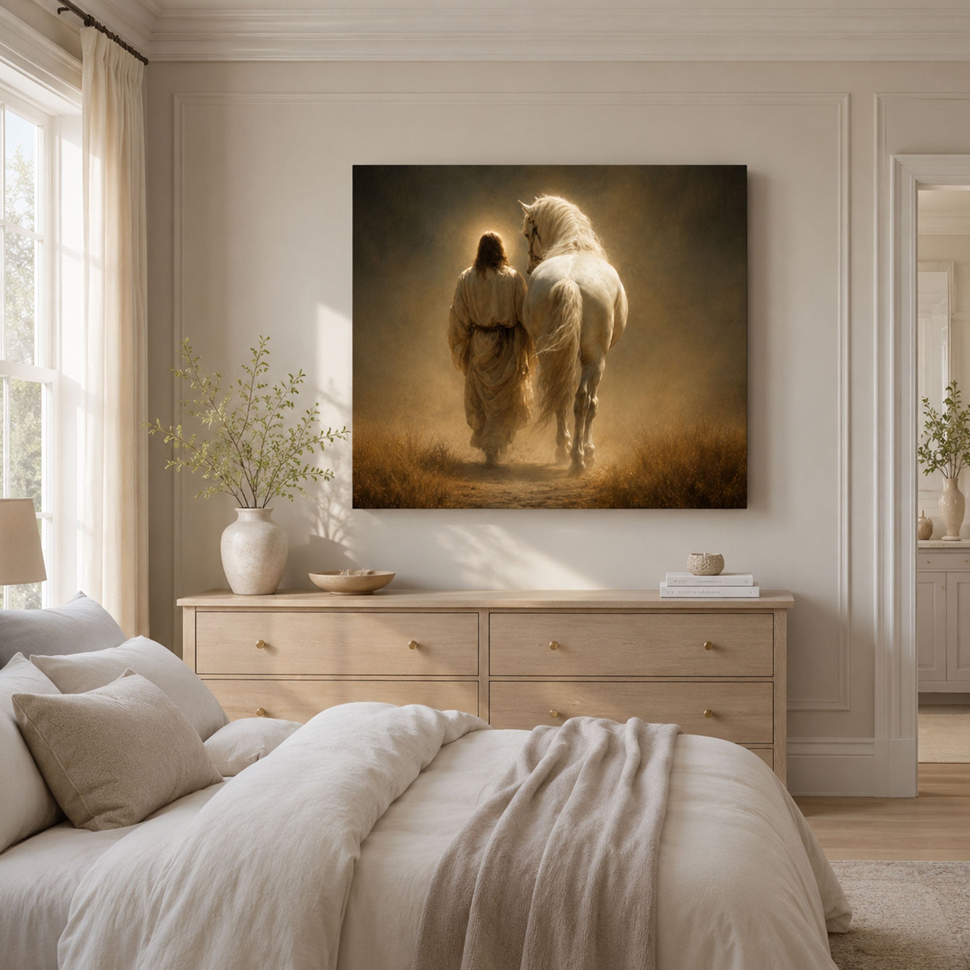 Jesus Walking Beside a White Horse Canvas Print, Golden Christian Faith Art