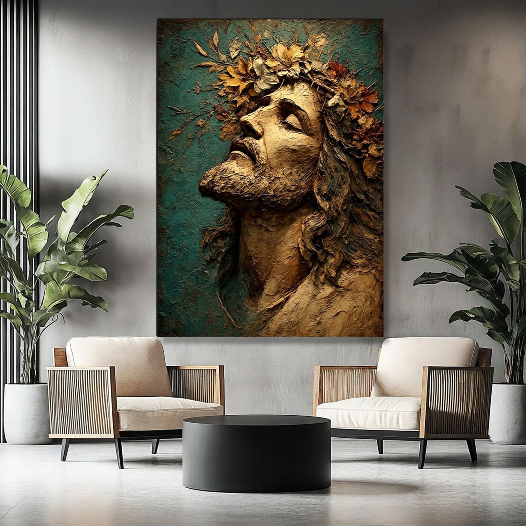 Reverent Jesus Portrait Canvas Print, Floral Crown Christian Wall Art, Sacred Inspirational Faith Decor
