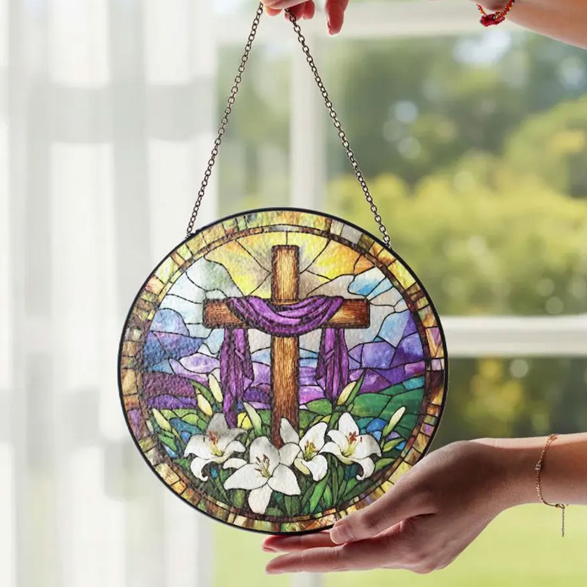 Christian Cross Stained Glass Suncatcher, Religious Window Hanging Decor, Faith Gift, Handmade Home Ornament