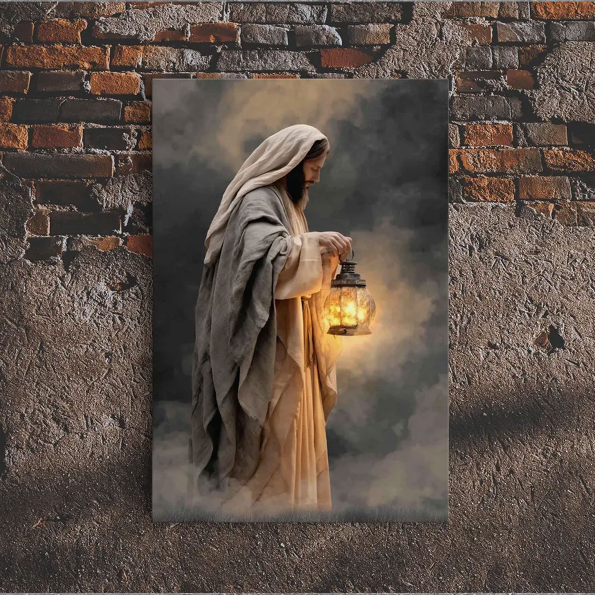 Guiding Lantern Framed Canvas Print, Moody Christian Wall Art, Jesus Painting Faith Home Decor