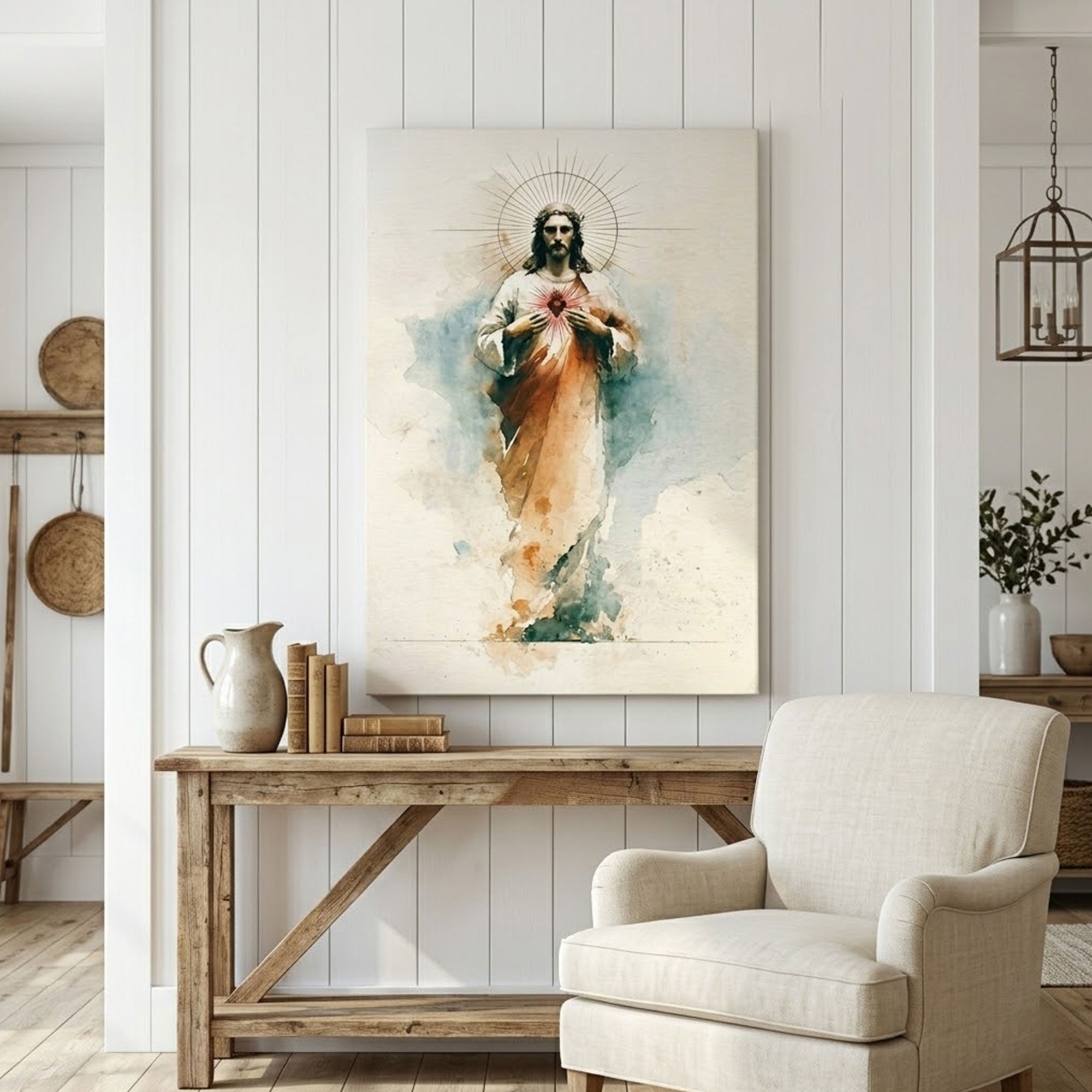Sacred Heart of Jesus Watercolor Canvas Print, Christian Catholic Wall Art, Devotional Faith Home Decor