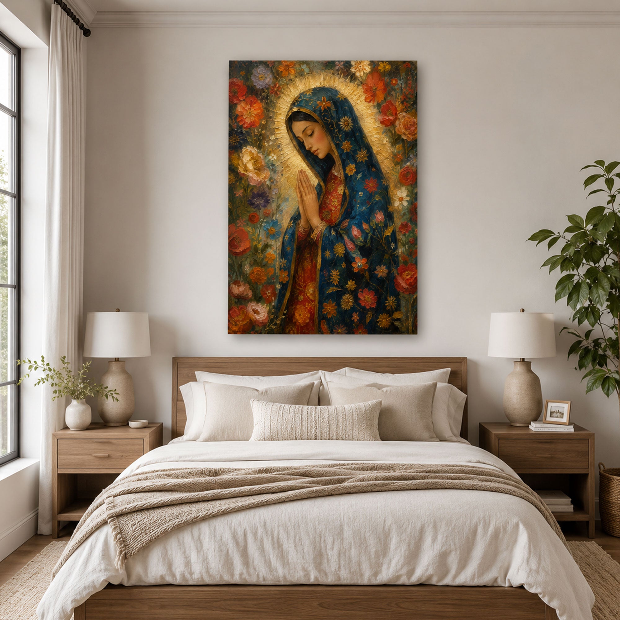 Our Lady of Guadalupe Floral Canvas Print, Virgin Mary Catholic Wall Decor, Marian Faith Gift