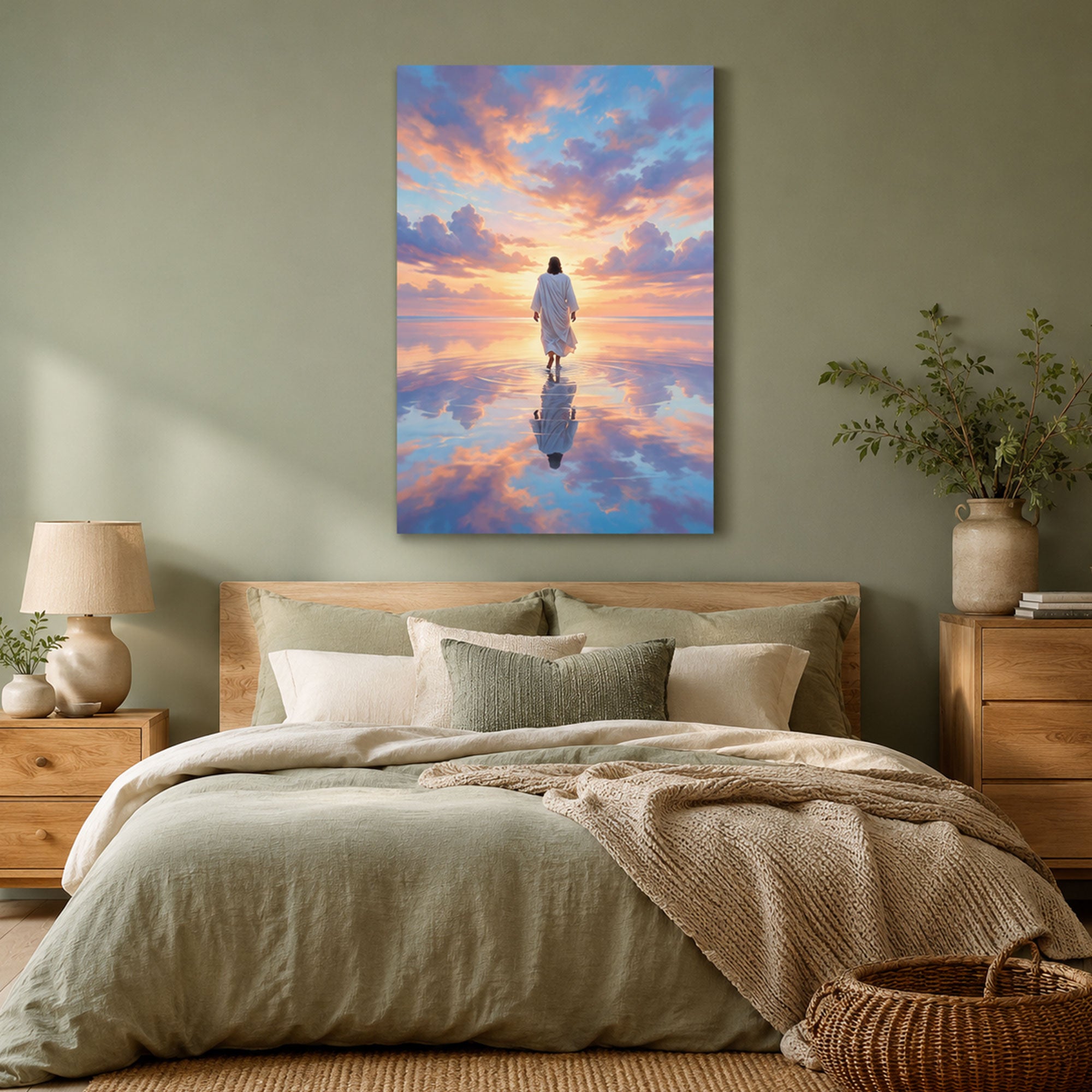Jesus Light Over the Sea Canvas Print, Christian Ocean Miracle Wall Art, Heavenly Glow Faith Decor