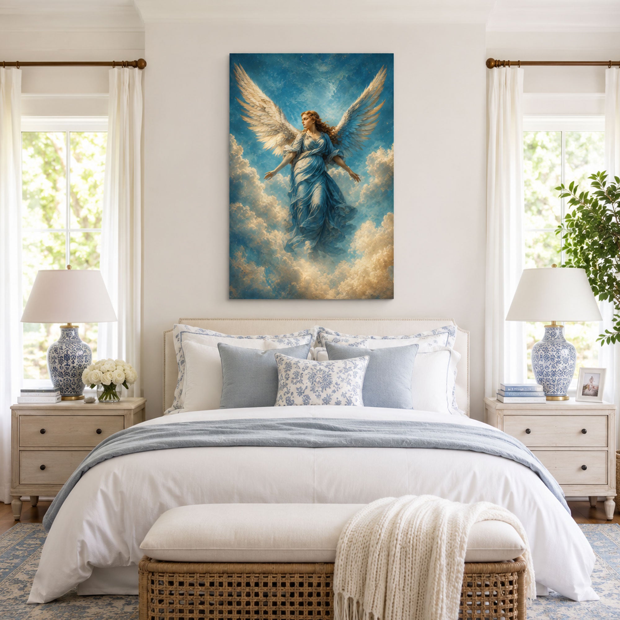 Heavenly Angel Canvas Print, Blue Robe Christian Wall Art, Celestial Faith Home Decor Gift