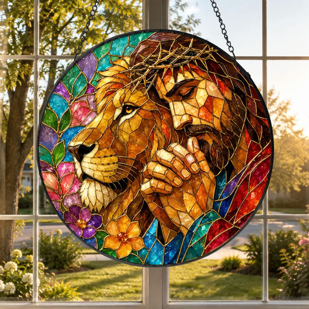 Jesus and Lion of Judah Suncatcher, Crown of Thorns Christian Window Hanging, Faith Gift
