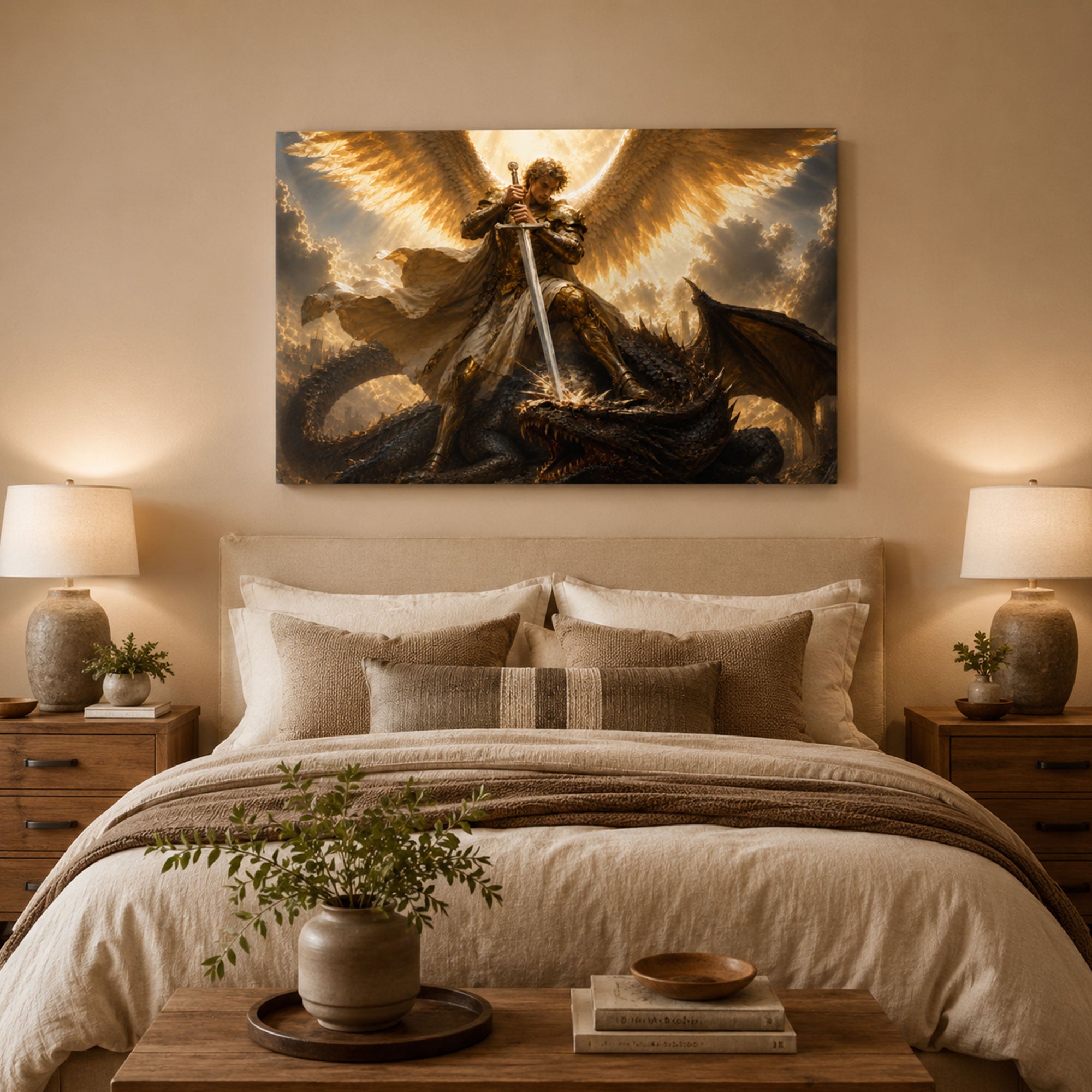 Saint Michael Defeating the Dragon Canvas Print, Dramatic Catholic Wall Decor