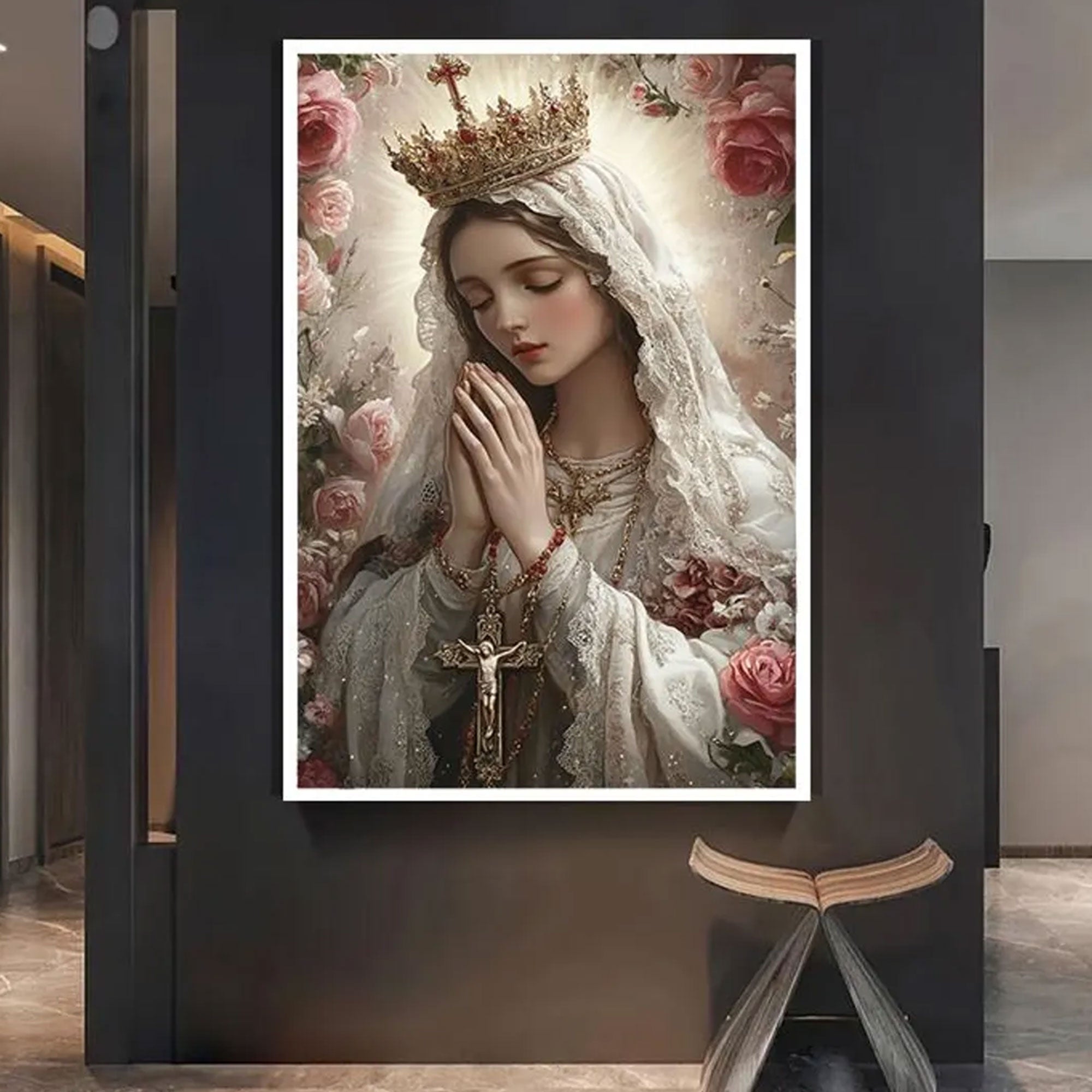 Holy Virgin Mary Canvas Wall Art, Elegant Madonna Floral Painting, Catholic Religious Home Decor