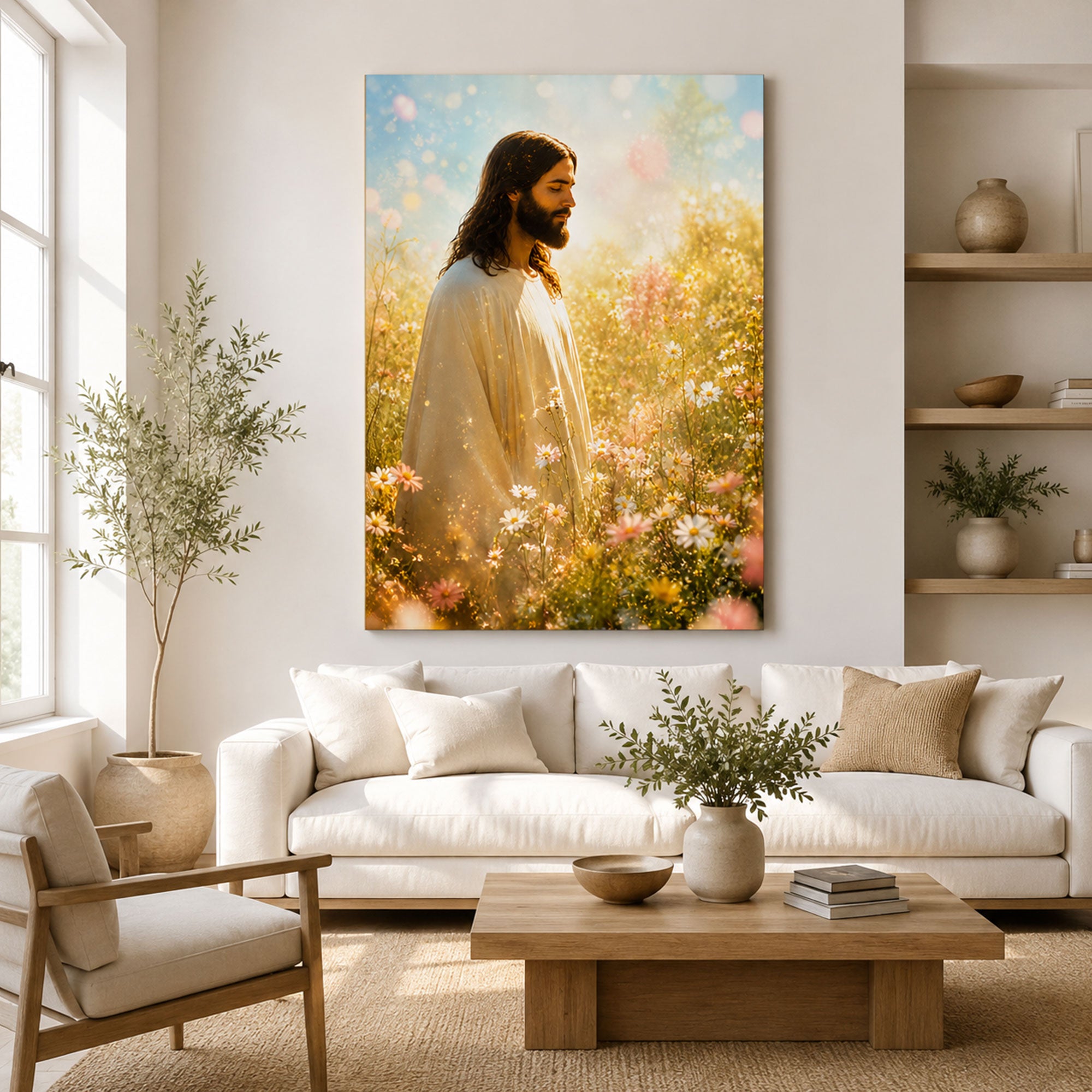 Jesus in Flower Field Canvas Print, Serene Christian Wall Decor, Inspirational Faith Artwork