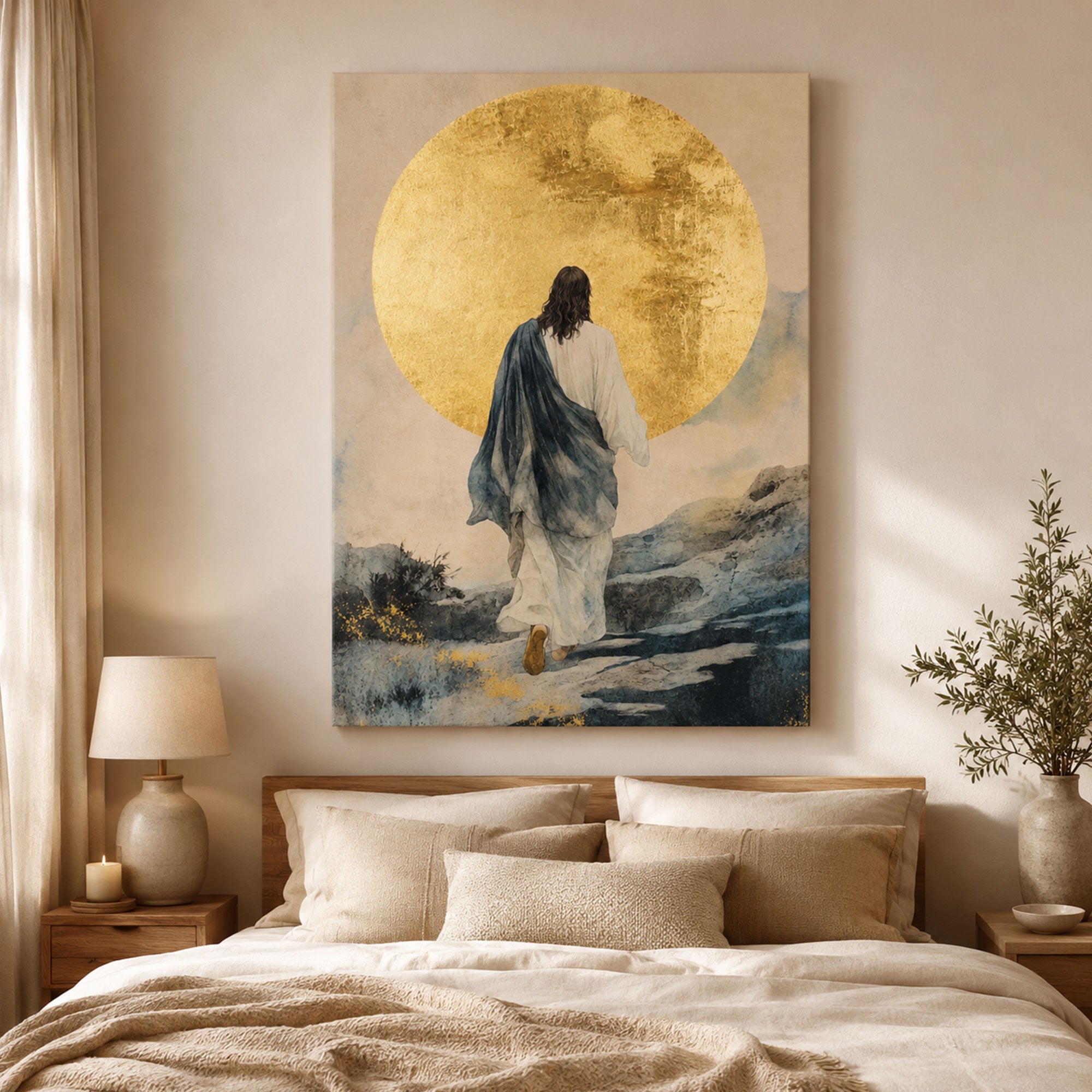 Jesus Walking Toward the Light Canvas Print, Golden Sun Christian Wall Art, Modern Faith Home Decor