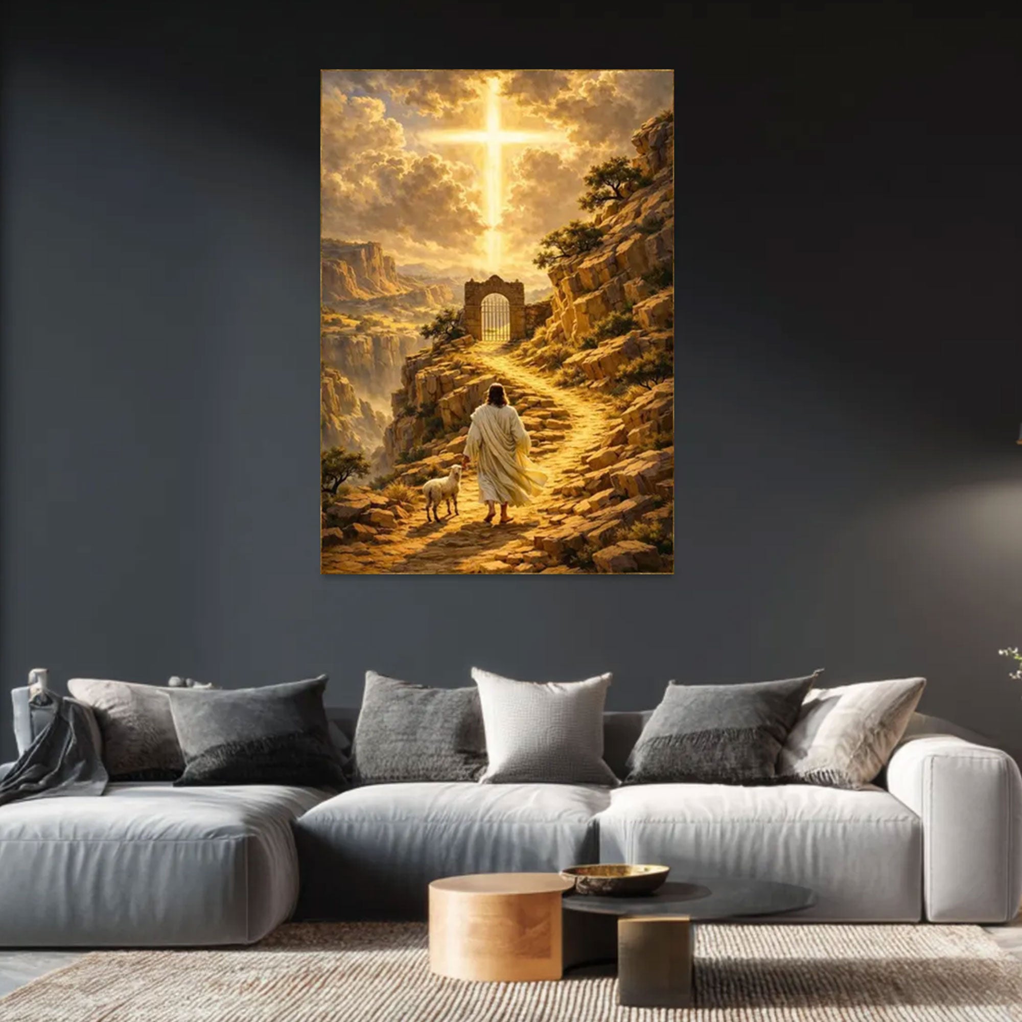 Spiritual Pathway Canvas Print, Jesus with Lamb Wall Art, Glowing Cross Landscape, Christian Religious Decor