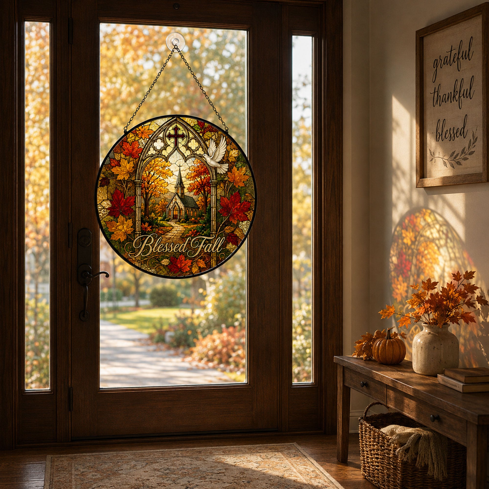 Blessed Fall Church Suncatcher, Autumn Leaves Christian Window Hanging, Faith Gift for Home