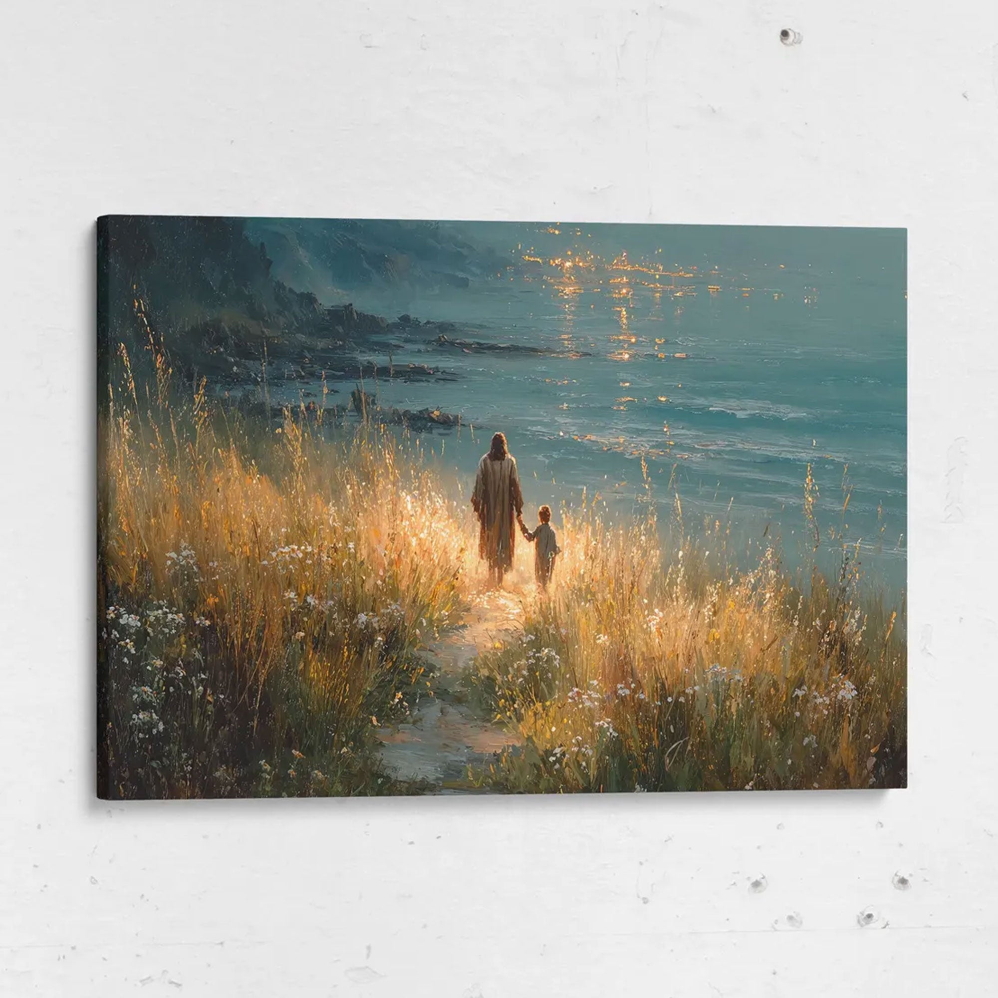 Jesus and Child Canvas Print, Framed Religious Landscape Art, Savior Walking with Child Christian Wall Decor