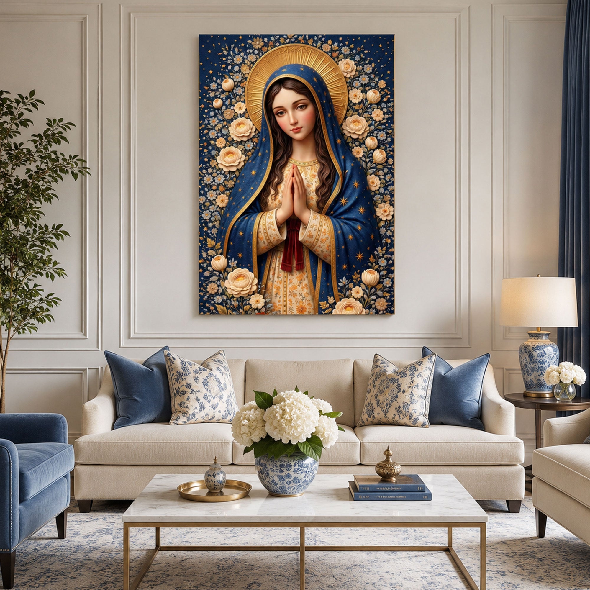 Blessed Virgin Mary Canvas Print, Floral Christian Wall Art, Peaceful Catholic Faith Decor, Heavenly Home Artwork