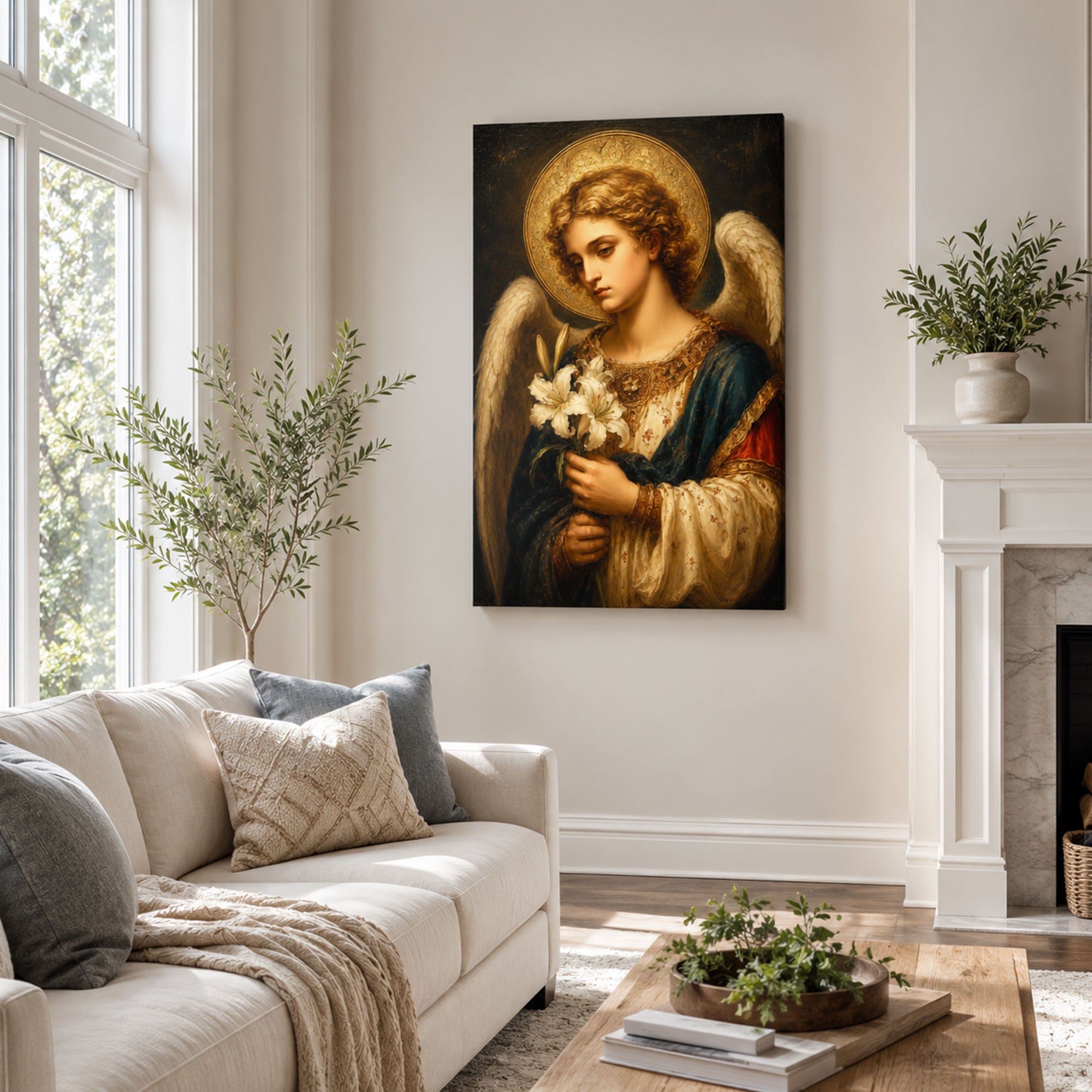 Archangel Gabriel with Lilies Canvas Print, Catholic Home Decor