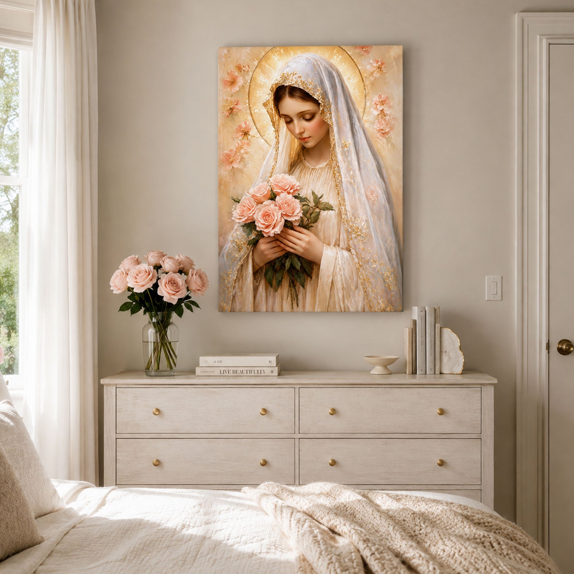 Virgin Mary with Roses Canvas Print, Catholic Wall Decor, Marian Faith Gift