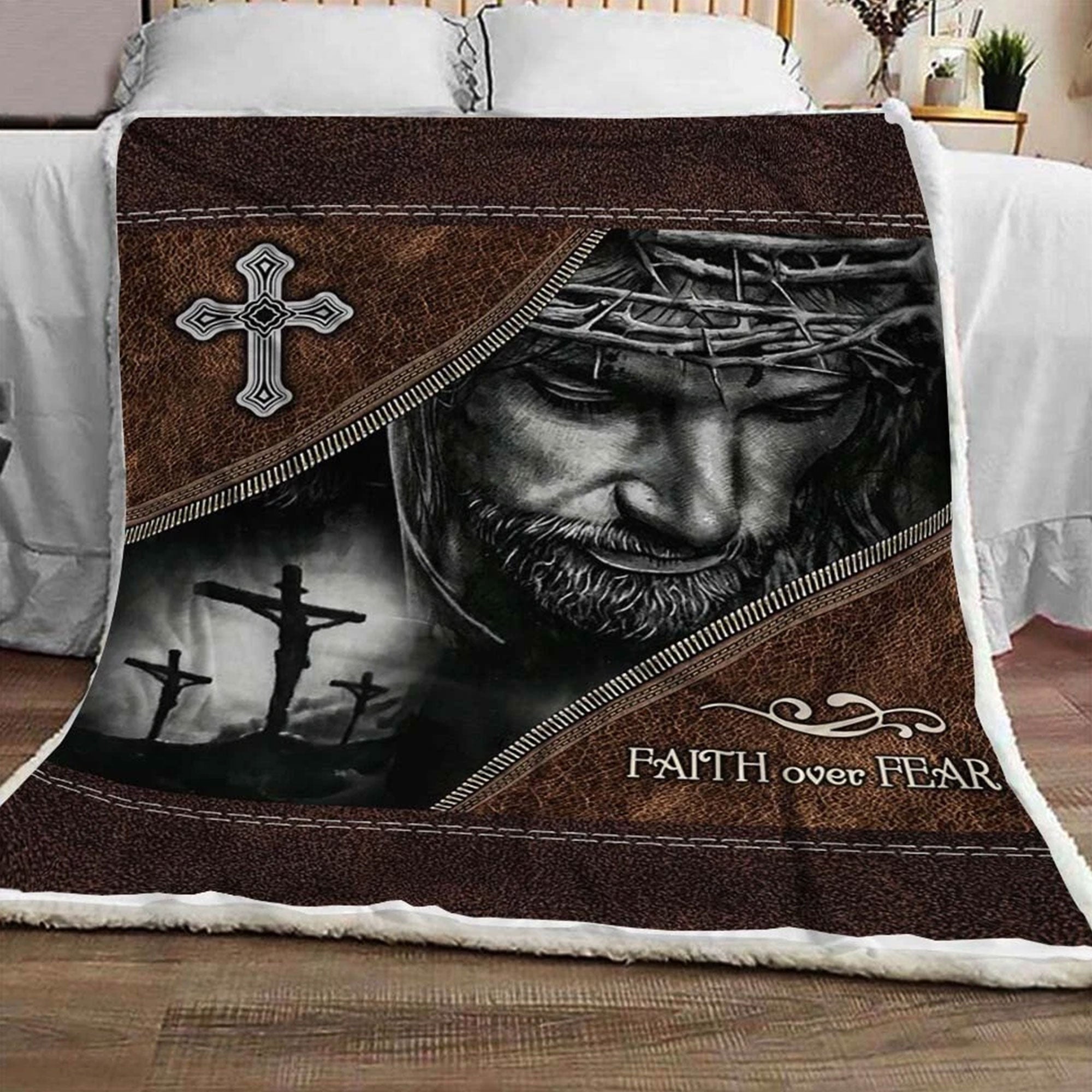 Jesus Faith Over Fear Fleece Blanket, Christian Throw Blanket, Inspirational Faith Gift, Religious Home Decor, Birthday Gift