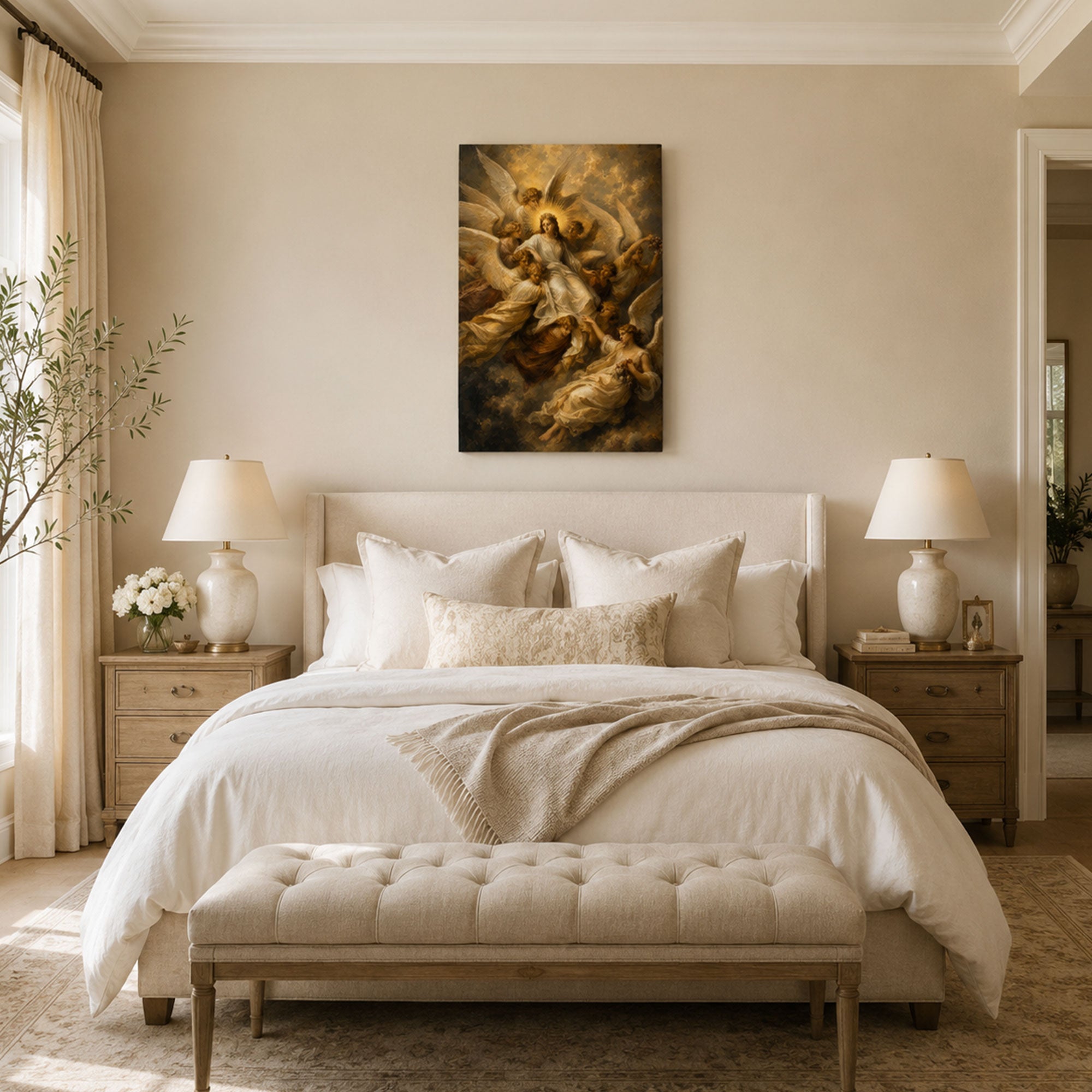 Virgin Mary Surrounded by Angels Canvas Print, Catholic Home Decor