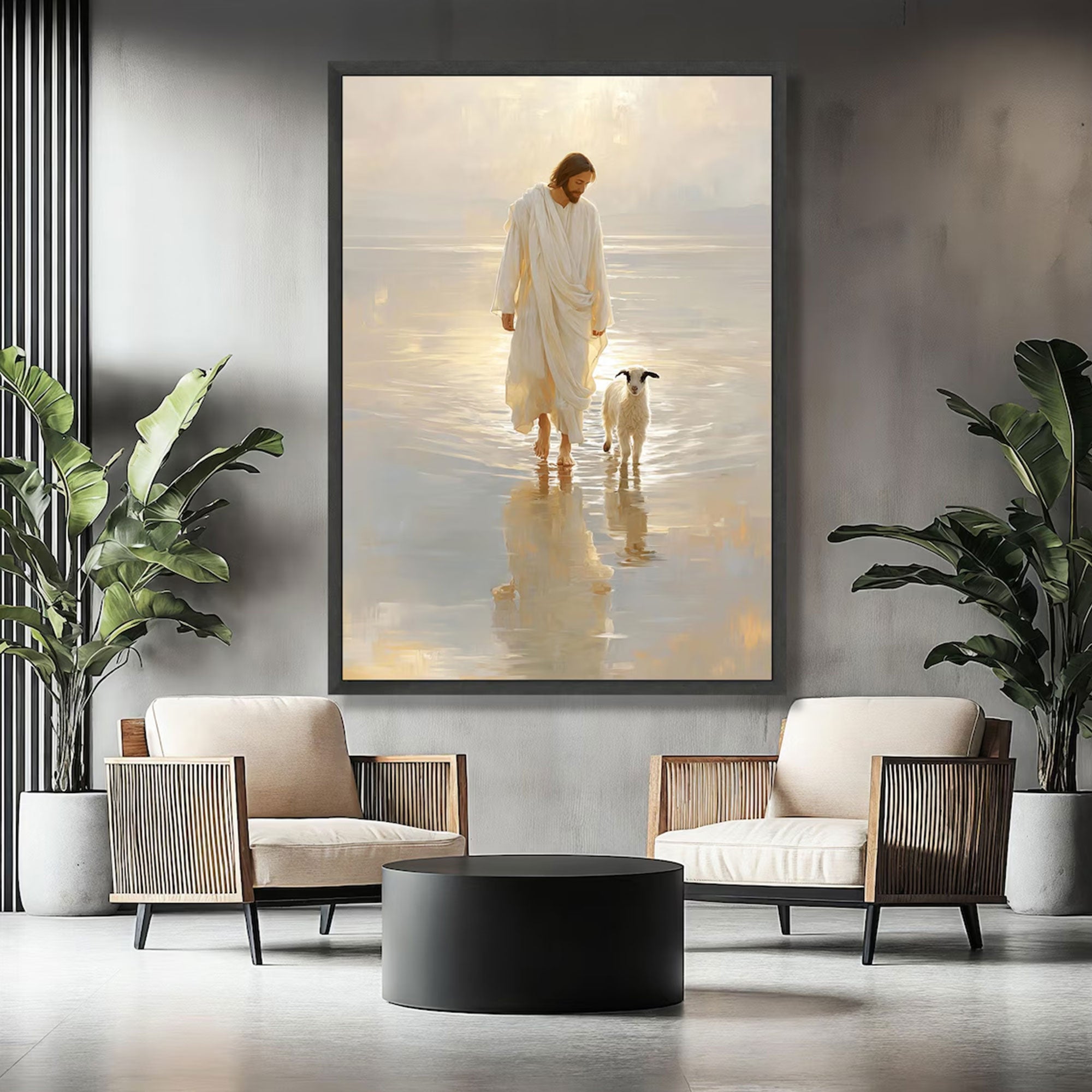 Jesus Walking with Lamb Canvas Print, Peaceful Christian Wall Art, Spiritual Faith Home Decor