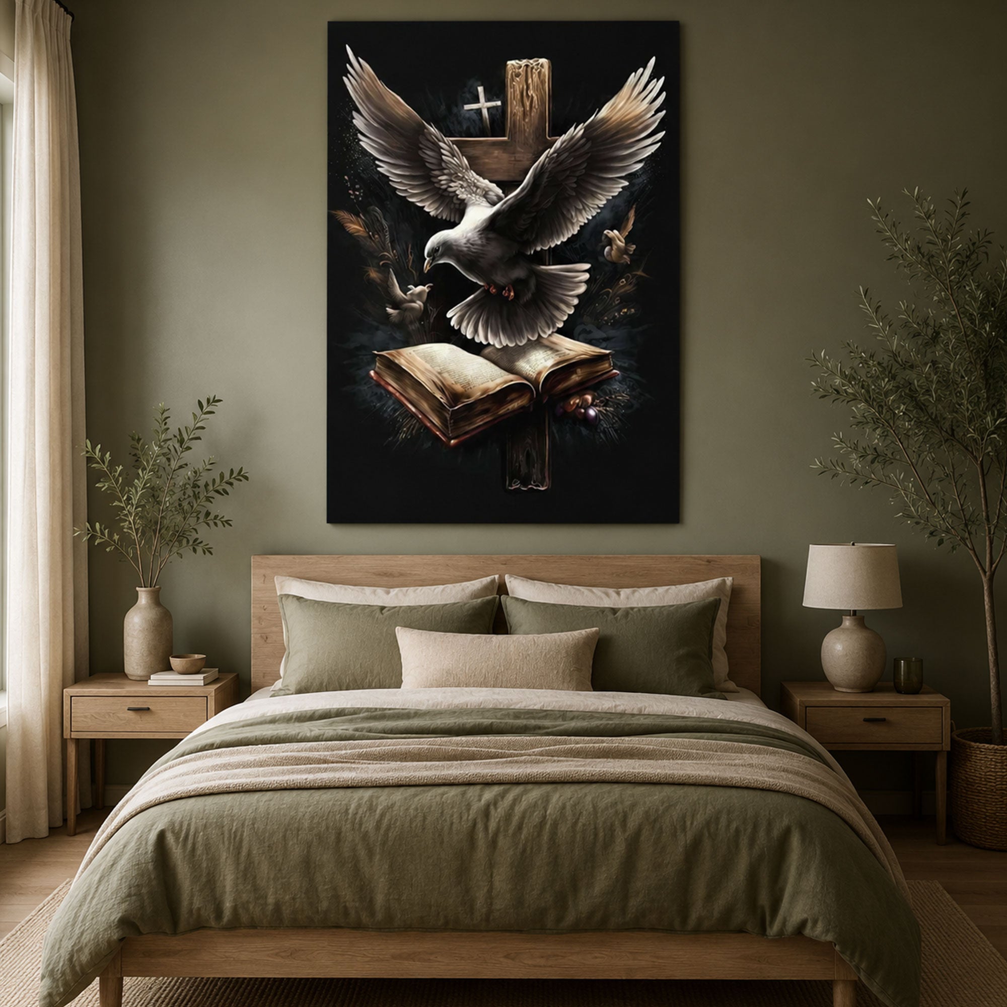 Spiritual Dove with Open Bible Canvas Art, Cross Christian Wall Decor, Inspirational Faith Religious Artwork
