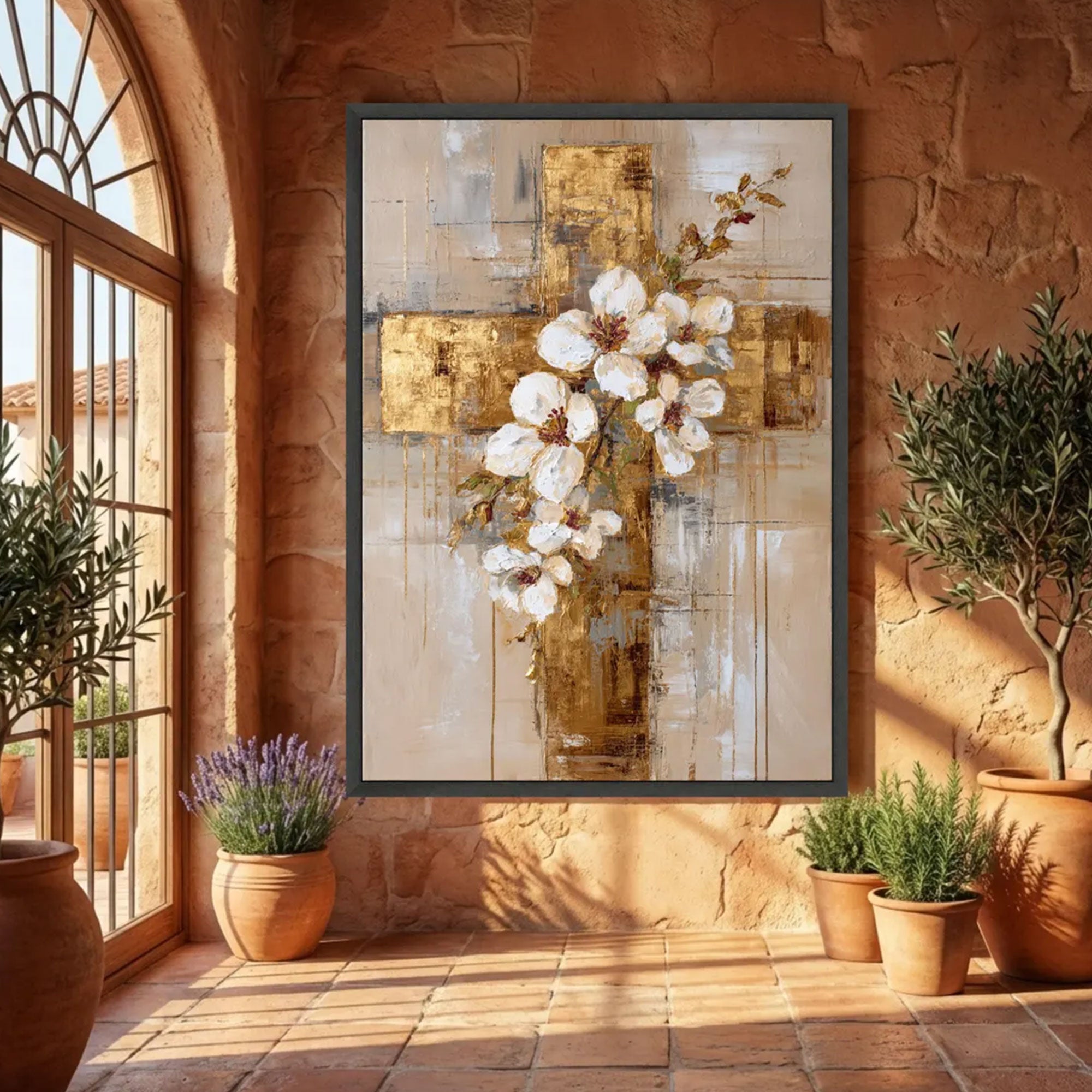 Elegant White Blossoms Canvas Print, Gold Cross Abstract Christian Wall Art, Floral Religious Decor, Modern Spiritual Home Gift