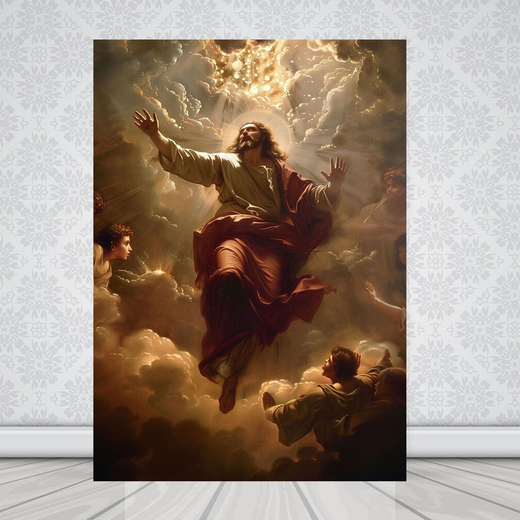 Ascending Christ Canvas Print, Christian Wall Art, Divine Light Decor, Heavenly Clouds Scene