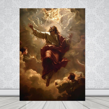 Ascending Christ Canvas Print, Christian Wall Art, Divine Light Decor, Heavenly Clouds Scene