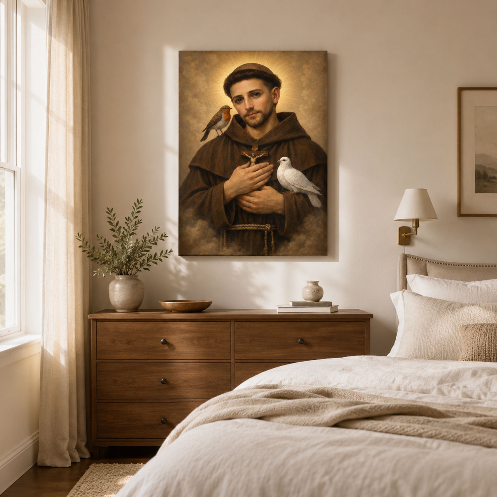 Saint Francis of Assisi with Birds Canvas Print, Catholic Saint Wall Art, Peaceful Faith Home Decor Gift