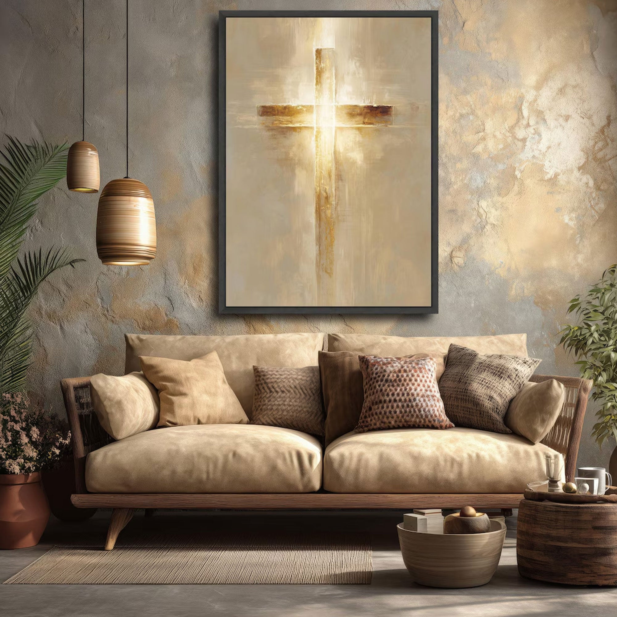Golden Glow Cross Canvas Print, Abstract Christian Wall Art, Symbol of Faith and Divine Light, Modern Religious Decor, Inspirational Spiritual Gift