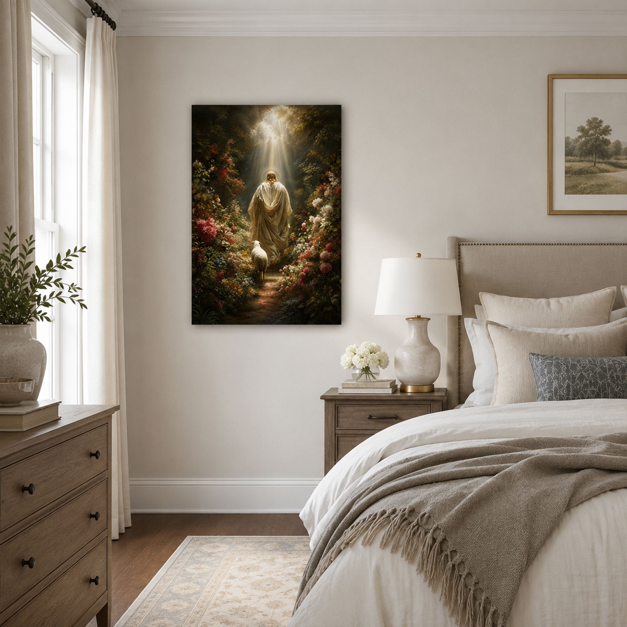 Jesus the Good Shepherd Canvas Print, Lamb and Garden Path Christian Wall Art, Faith Home Decor Gift
