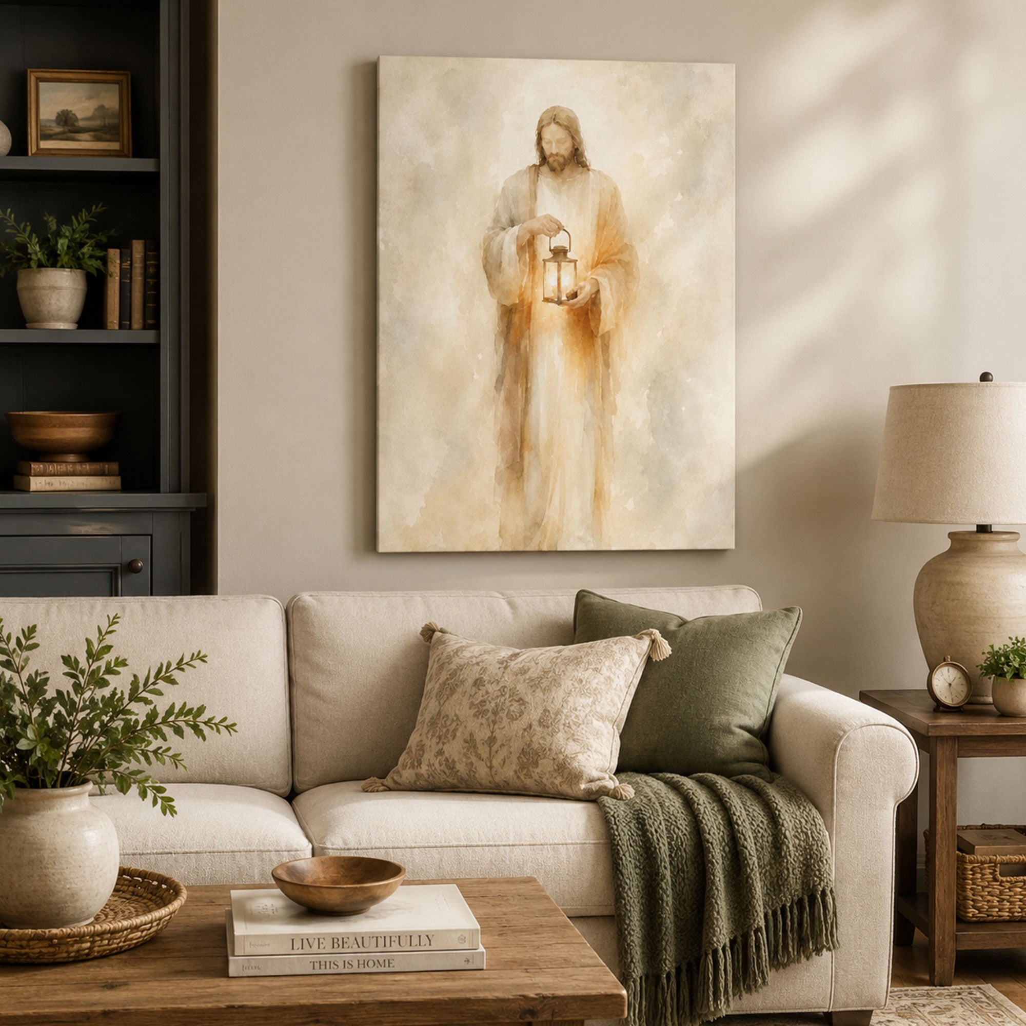 Light of the World Jesus Canvas Print, Soft Neutral Christian Wall Art, Faith Home Decor Gift