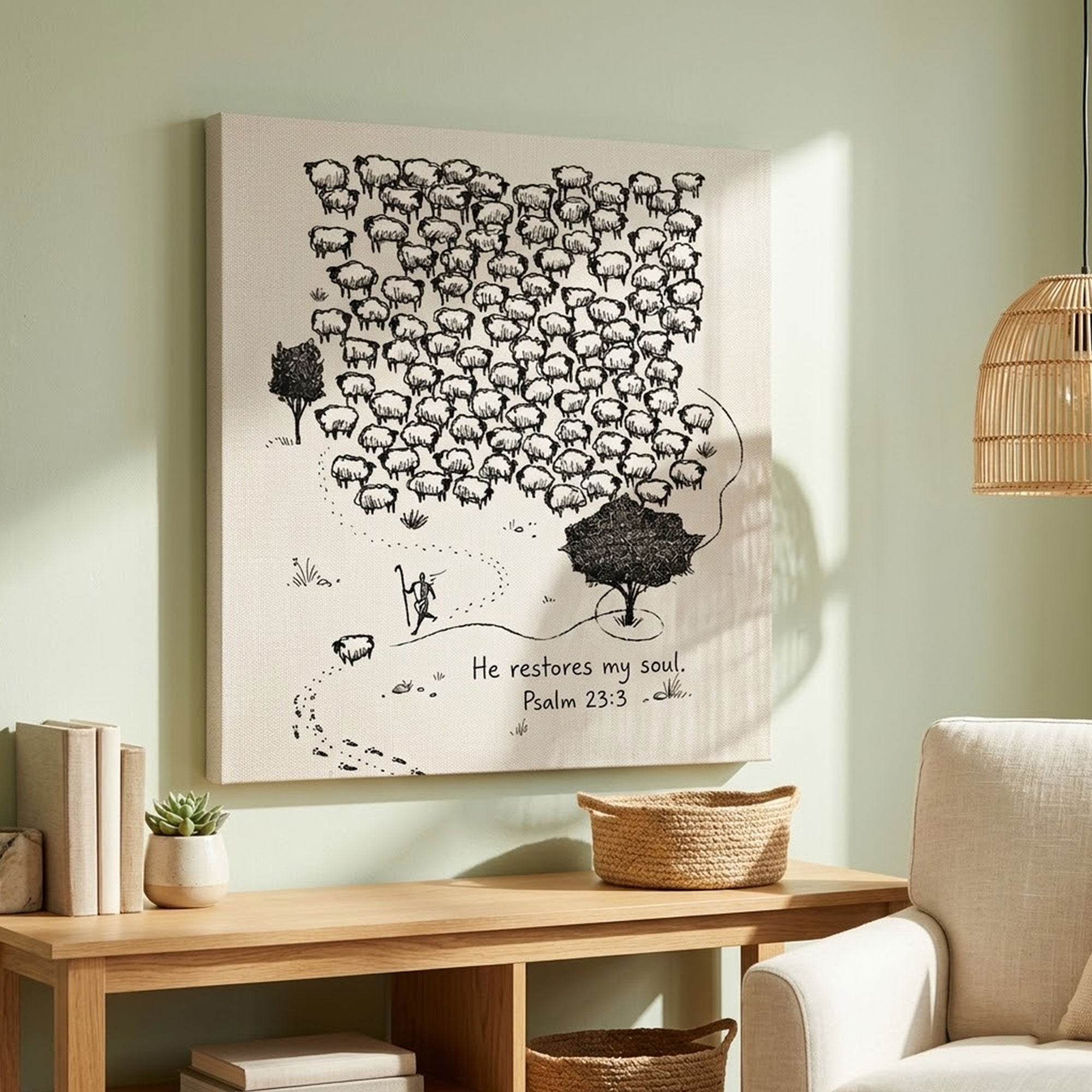 Psalm 23:3 Shepherd Canvas Print, He Restores My Soul Wall Art, Christian Sheep Illustration, Minimal Faith Decor