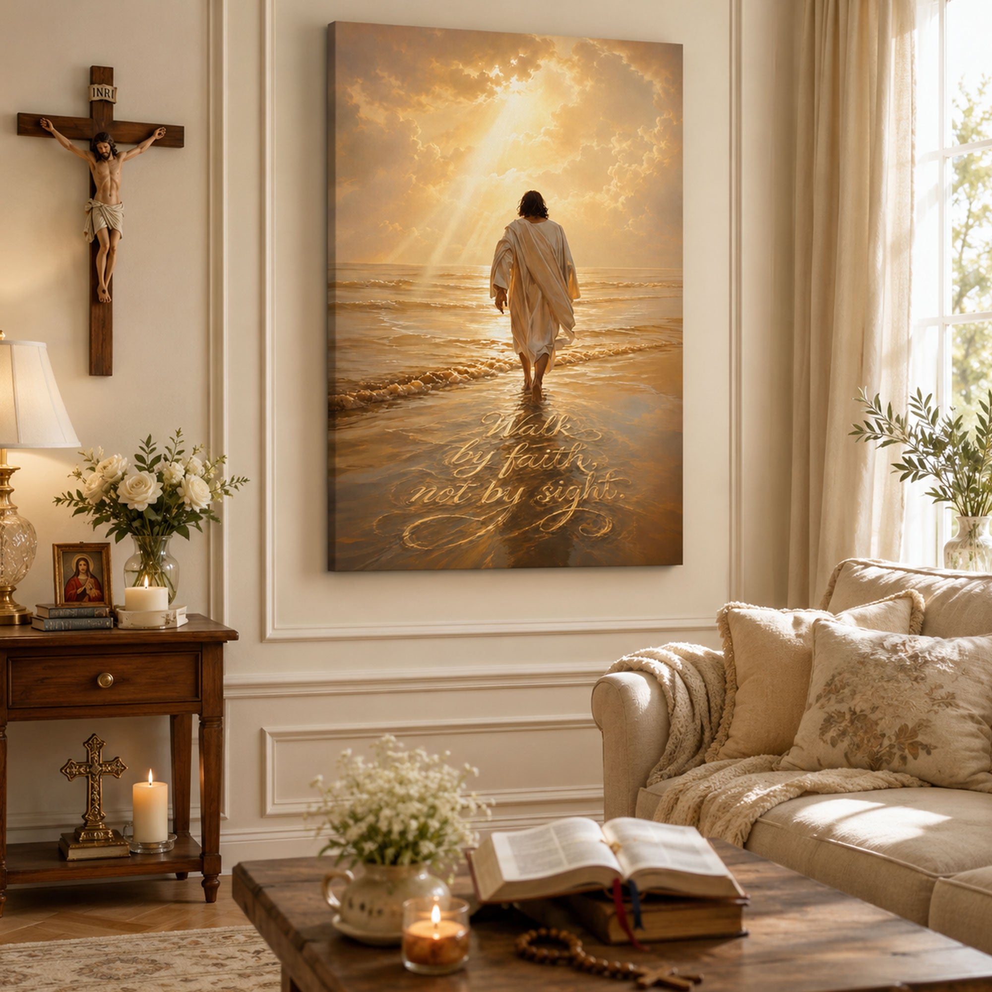 Walk by Faith, Not by Sight Canvas Wall Art, Jesus Walking on Water Christian Decor, Inspirational Scripture Faith Artwork