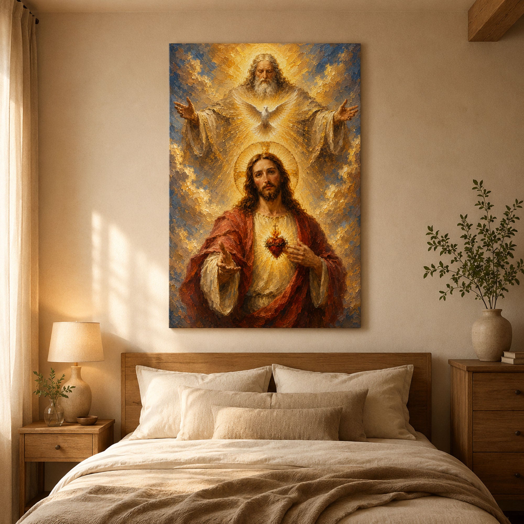 Holy Trinity Sacred Heart Jesus Canvas Print, Catholic Christian Wall Art, Faith Home Decor
