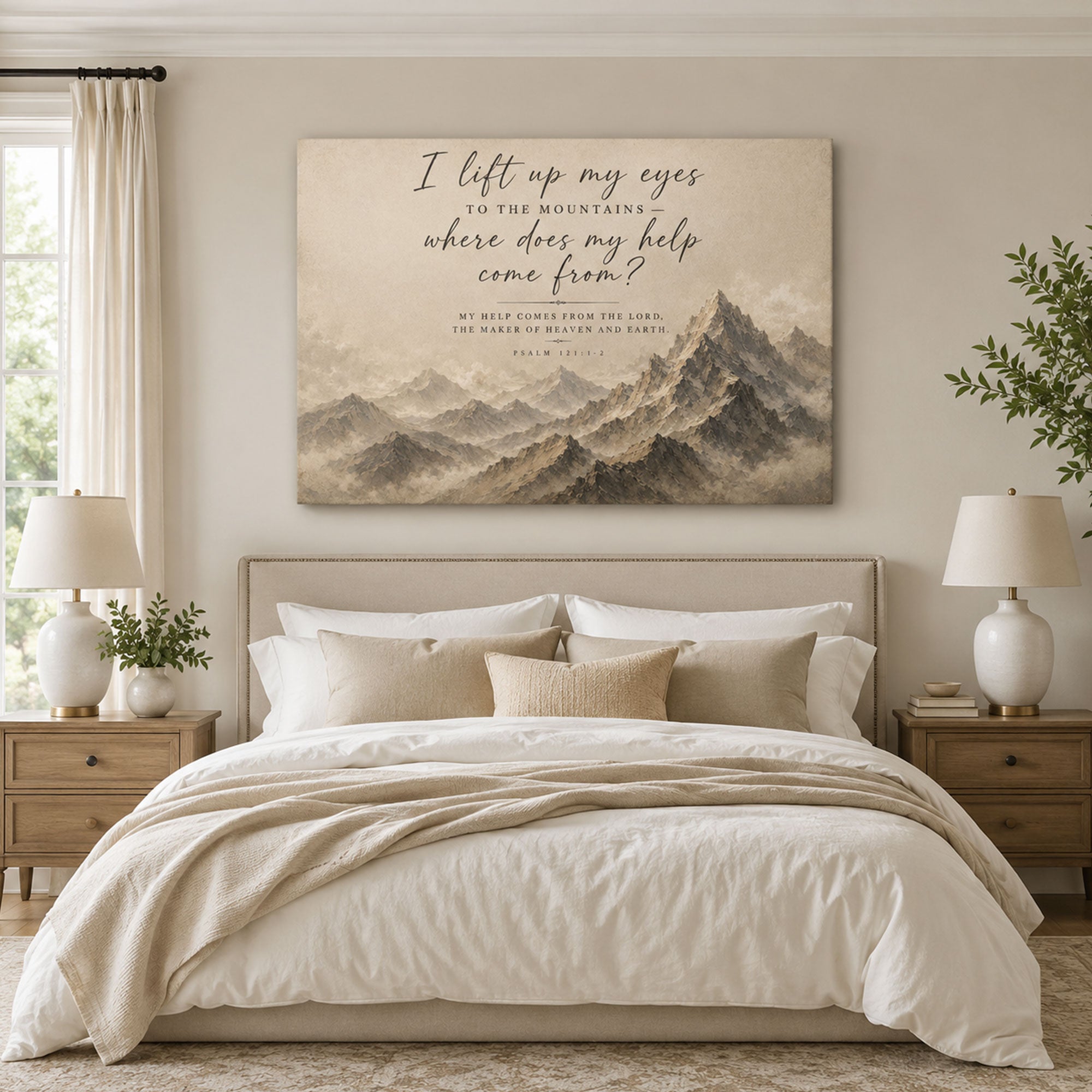 Psalm 121:1-2 Canvas Print, I Lift My Eyes to the Mountains Christian Scripture Wall Art, Faith Home Decor Gift